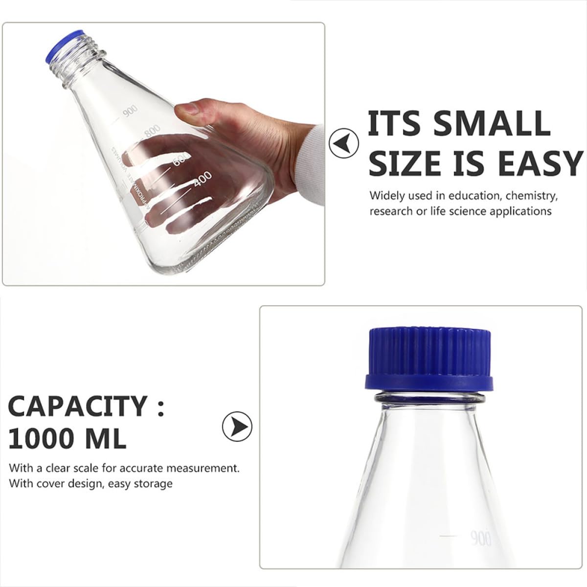 jojofuny Bottiglie Coniche per Reagenti in Vetro da 1000ml, 2 Pezzi Tappi Blu, senza Bolle e Facili da Osservare, per Lezioni di Chimica e Applicazioni Scientifiche
