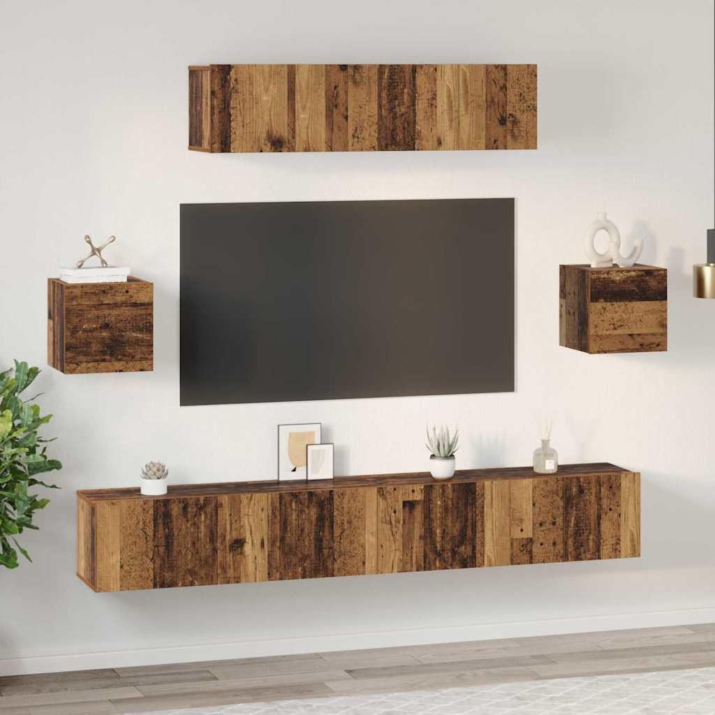 TV-Schrankset Wandmontiert, 7-teilig, Altholz Holzwerkstoff, Modernes Media Center für Wohnzimmer, Schlafzimmer, Robustes Design, Hohe Tragfähigkeit