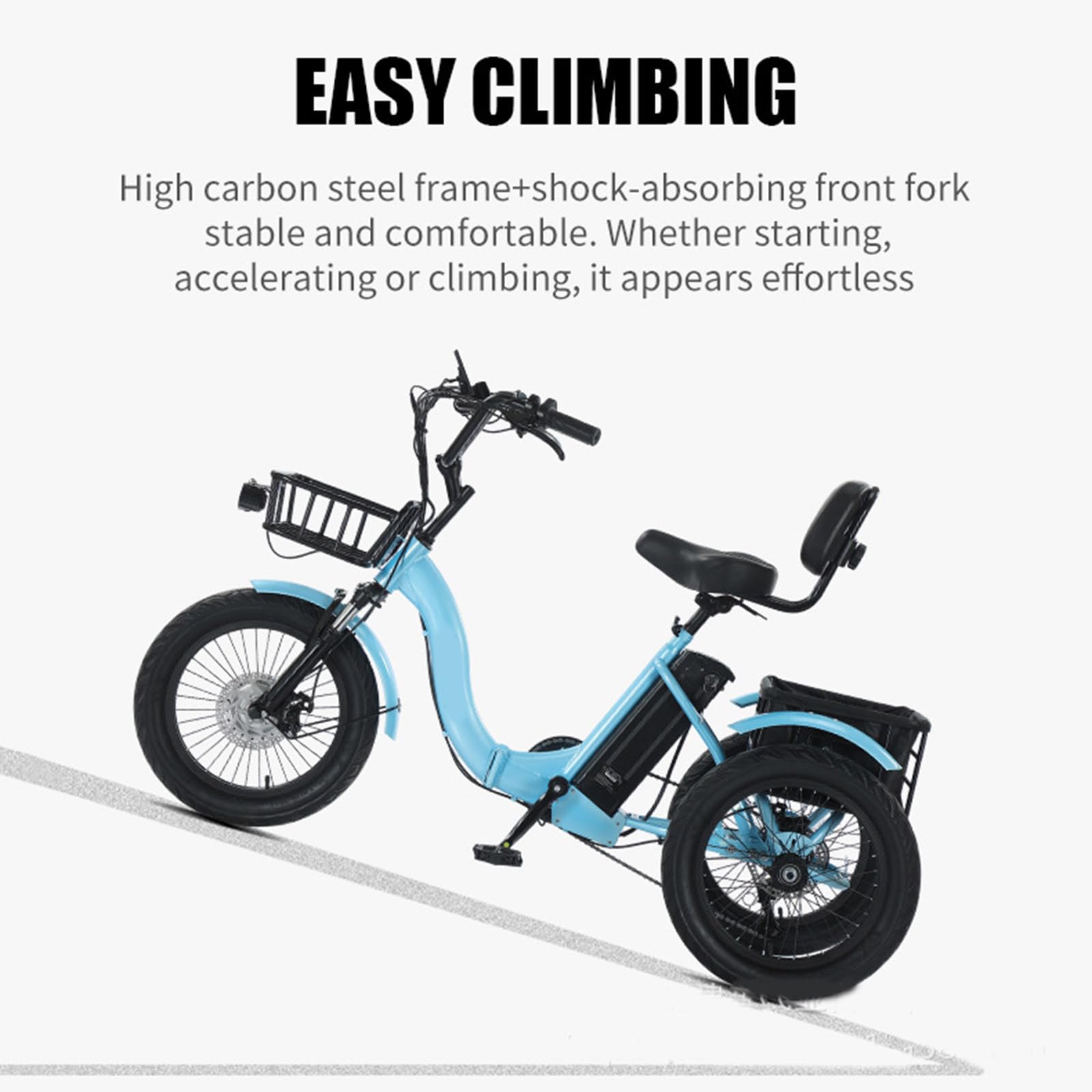 Tricycle électrique Pliable pour Adulte, 48 ​​v 13 Ah, Pneu Large 18" X 3,0, Autonomie De 44 Km, avec Phare LED Et Klaxon, Paniers Avant Et Arrière,pour Les Courses Et Les Pique-Niques. Blue