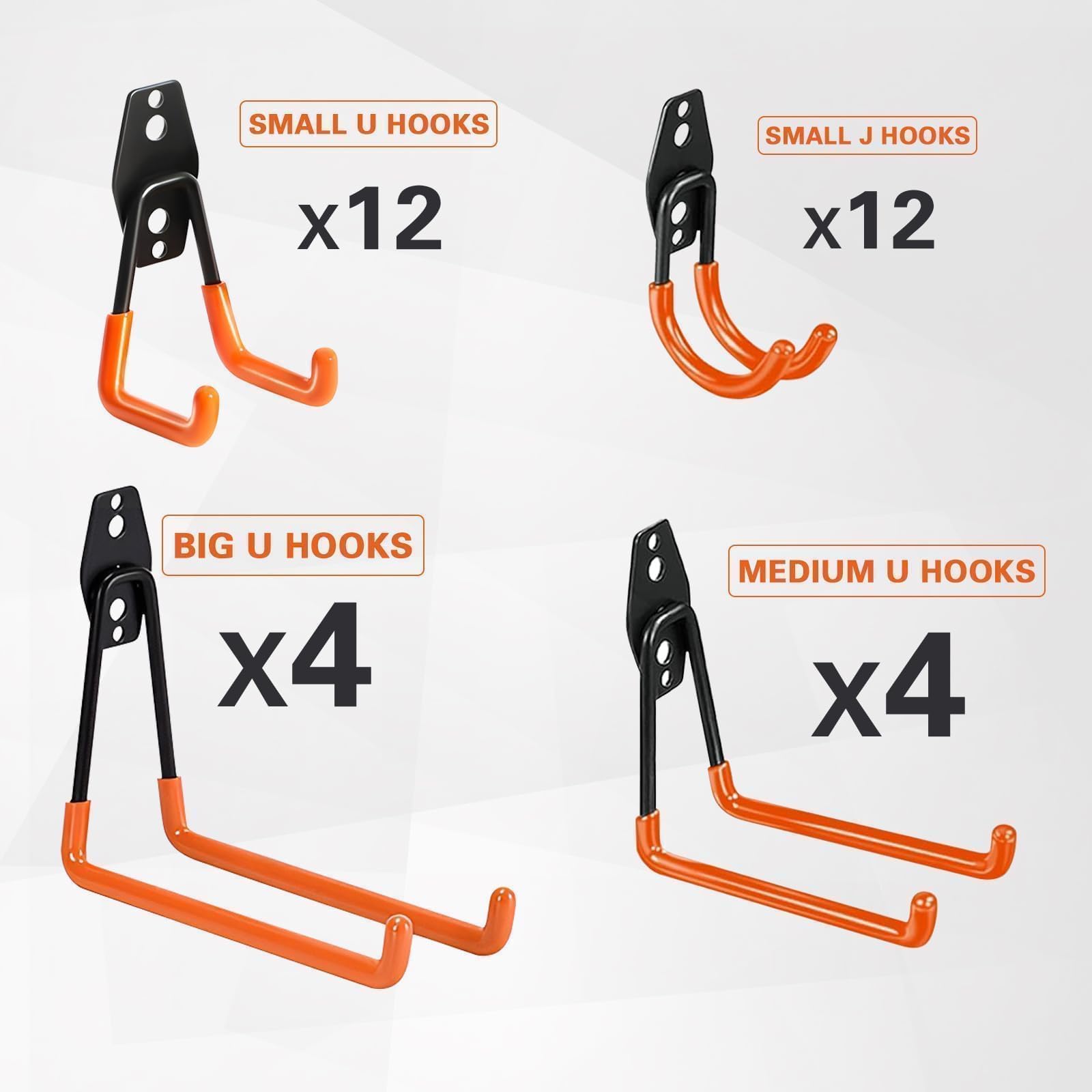 32 Pack Garage Hooks, Heavy Duty Steel Tool Hanger&Organizer for Wall Mount Storage, Ladders, Bikes, Power Tools, Utility Steel Garden Tool Organizer with Anti-Slip Coating (32pcs - Orange)