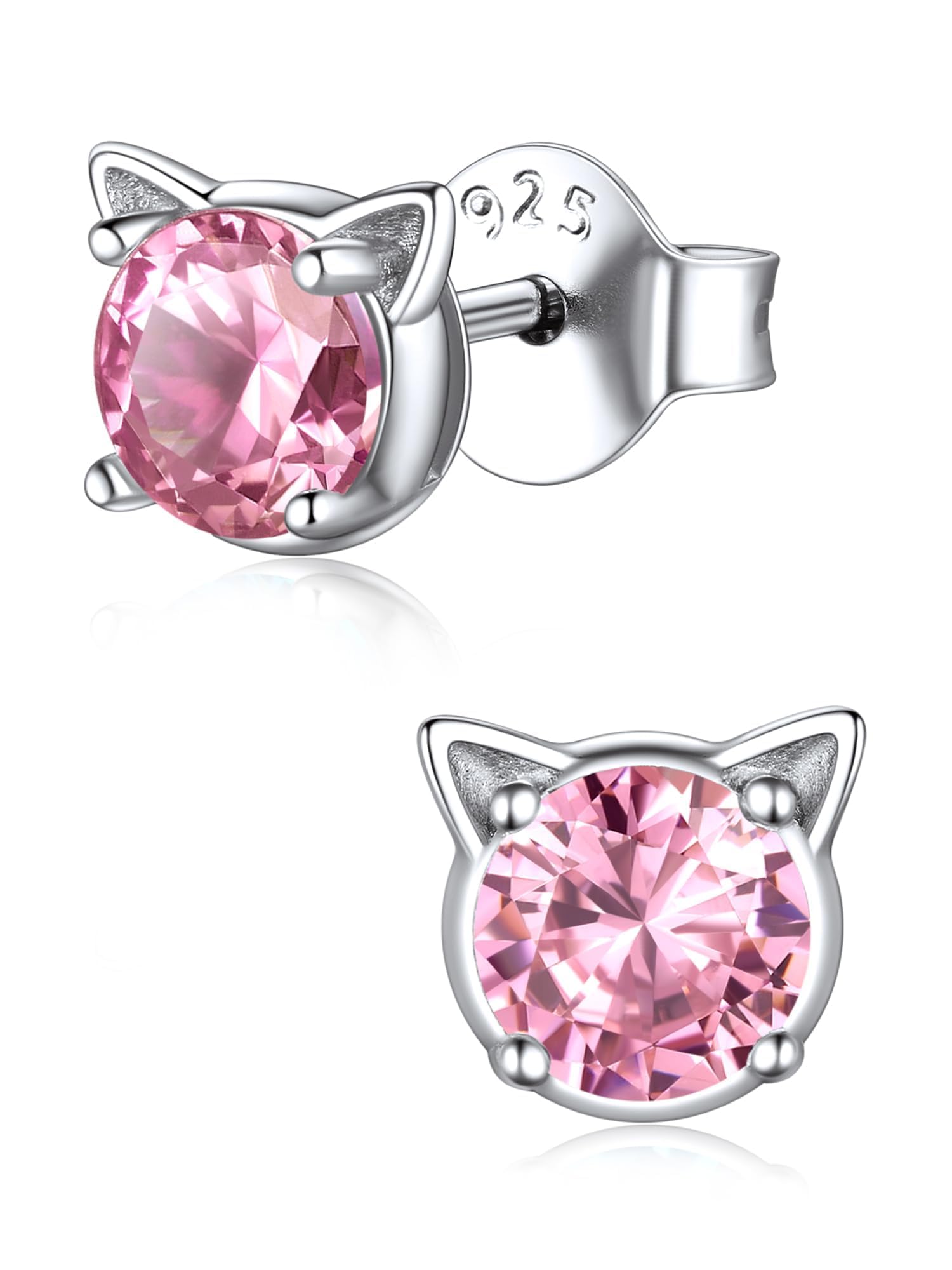 ChicSilver Cute Cat Earrings for Women - Hypoallergenic Sterling Silver Round Birthstone Cat Stud Earrings with Gift Box