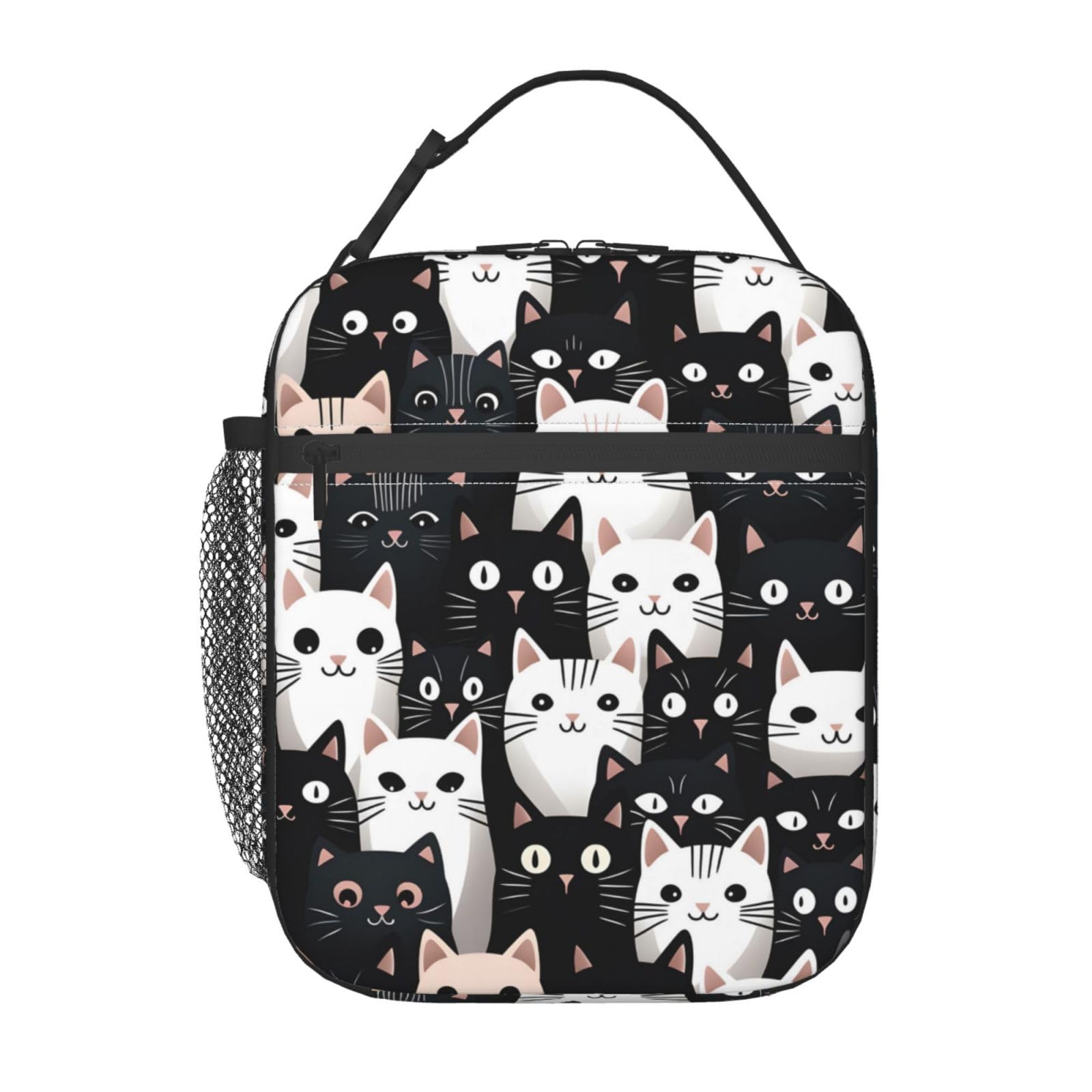 Mexpekil Borsa termica per il pranzo con gatto nero e bianco per donne e uomini, borsa termica portatile da picnic con tasca laterale in rete per adulti Lunchbox per lavoro