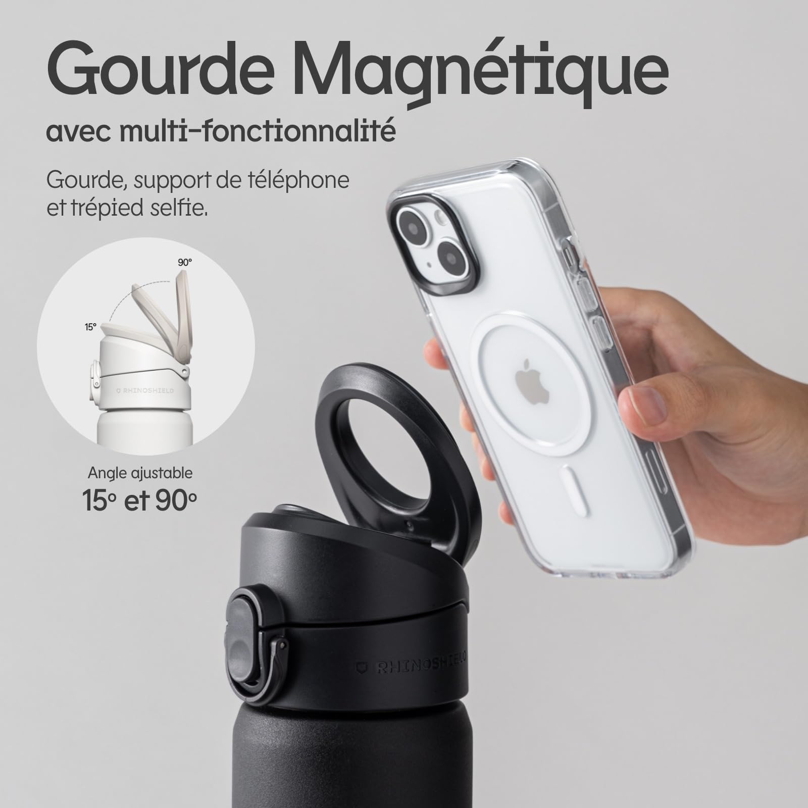 RhinoShield AquaStand Gourde isotherme magnétique 700ml - Noir | Acier inoxydable, bouteille de sport avec paille, poignée compatible MagSafe, trépied avec angles ajustables, étanche