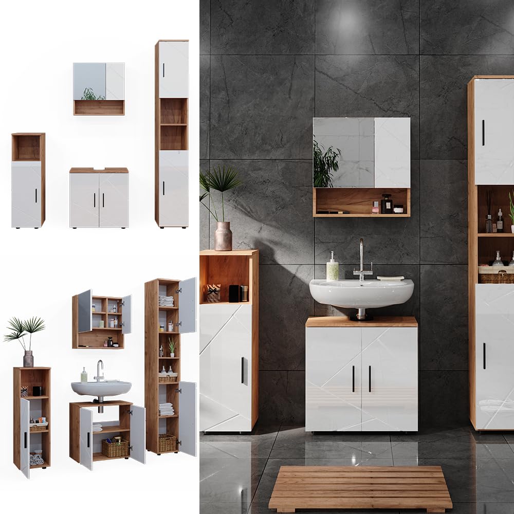Vicco Set di mobili da bagno Irma, Bianco lucido/Rovere dorato 80 cm