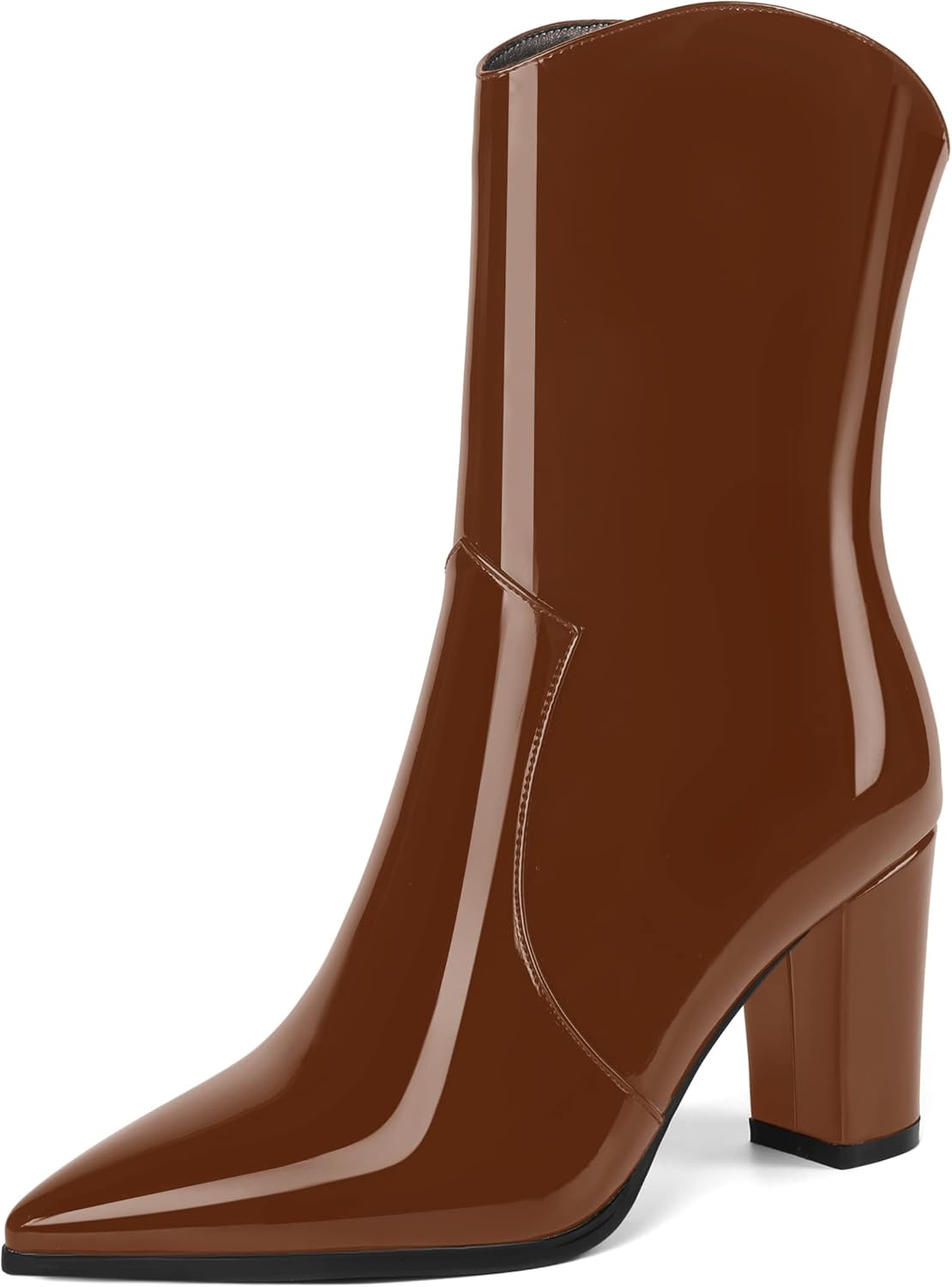 MOVINSTEPS Womens Cowgirl Block Ankle Booties Fashion Pointed Toe Dating Side Zipper Patent Chunky High Heel Mid Calf Boots 3.3 Inch