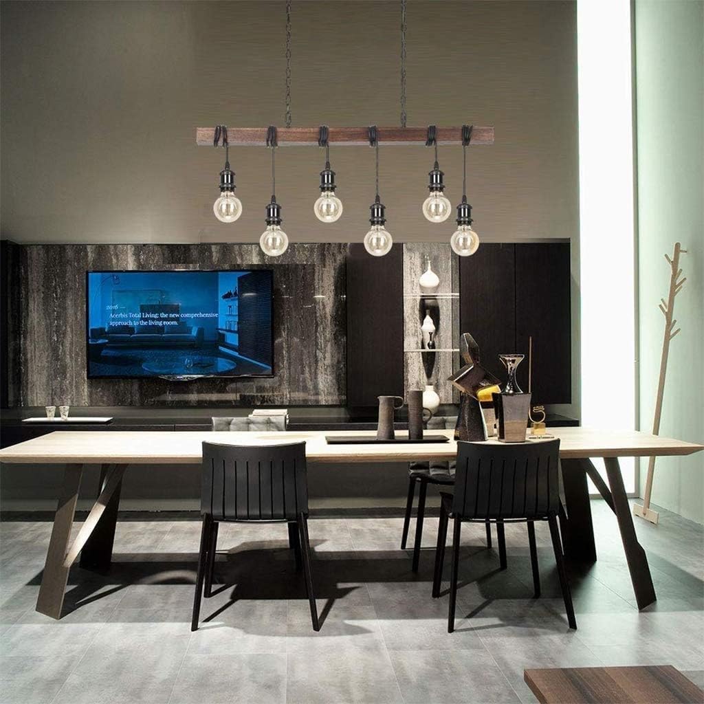 Eoyemin 6-Lights Kitchen Light Fixtures Farmhouse Wooden Retro Rustic Wood Pendant Light Industrial Suspension Line Can Be Adjusted Freely Chandelier for Dining Table Vintage Kitchen Bar Island