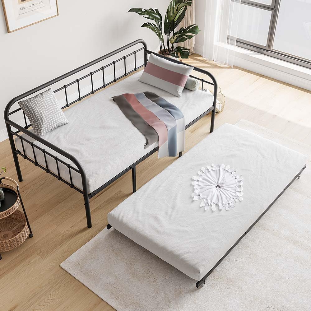 Anwick Twin Size Metal Daybed Frame with Trundle,Day Beds with Pullout Trundle,Platform Sofa Bed with Steel Slat Support for Living Room Guest Room,No Box Spring Needed (Black-Plus)
