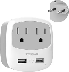 European Travel Plug Adapter, TESSAN International Power Adaptor with 2 USB Charger 2 American Outlets, US to Europe Plug Converter for EU Italy Spain France Germany Iceland Greece Israel (Type C)