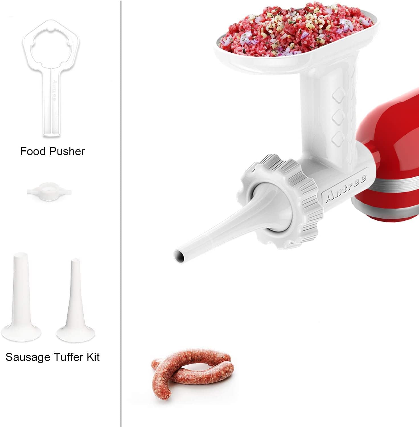 Antree Meat Grinder Attachment For KitchenAid Stand Mixers Includes 2 Plates 2 Grind Blades 2 Sausage Filler Tubes, and 1 Cleaning Brush, Easy To Use Food Grinder Attachment For KitchenAid - White