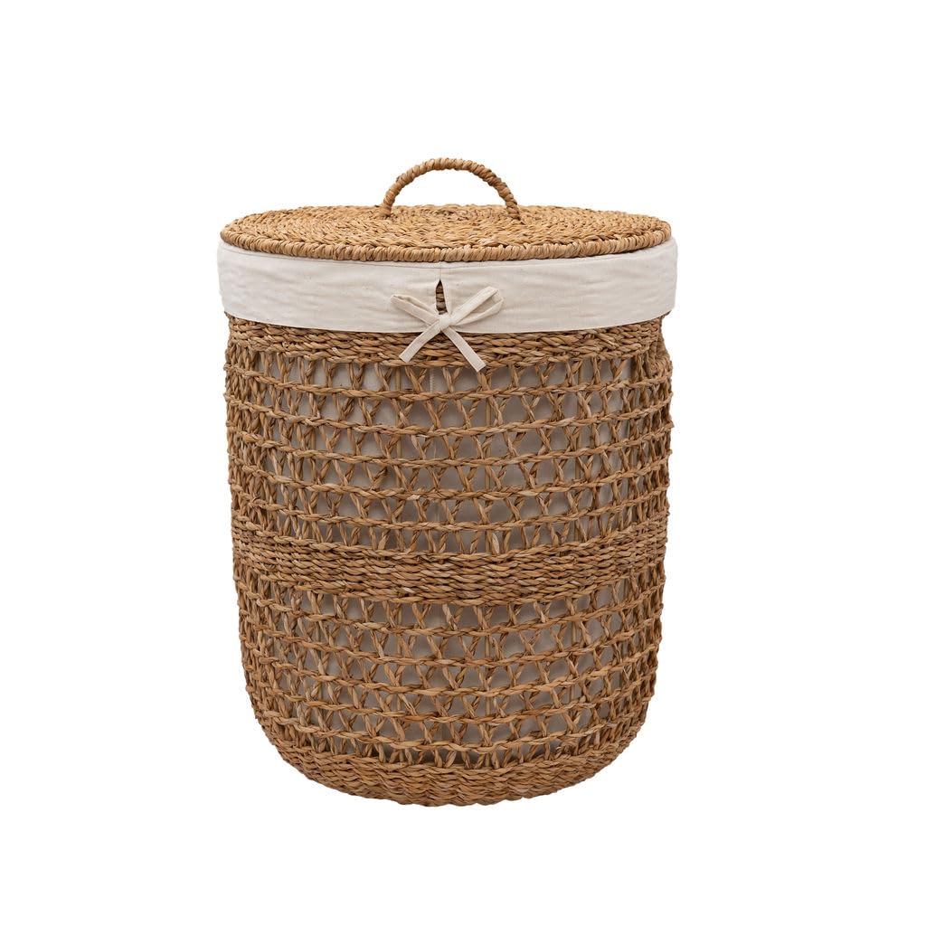 Arthur Cameron Natural Brown And Off-White - Atrai Seagrass Laundry Basket – Artisanal Handcrafted Round Laundry Hamper With Removable Cotton Liner, Handwoven Storage For Bedroom, Bathroom & Utility Room (Extra Large)