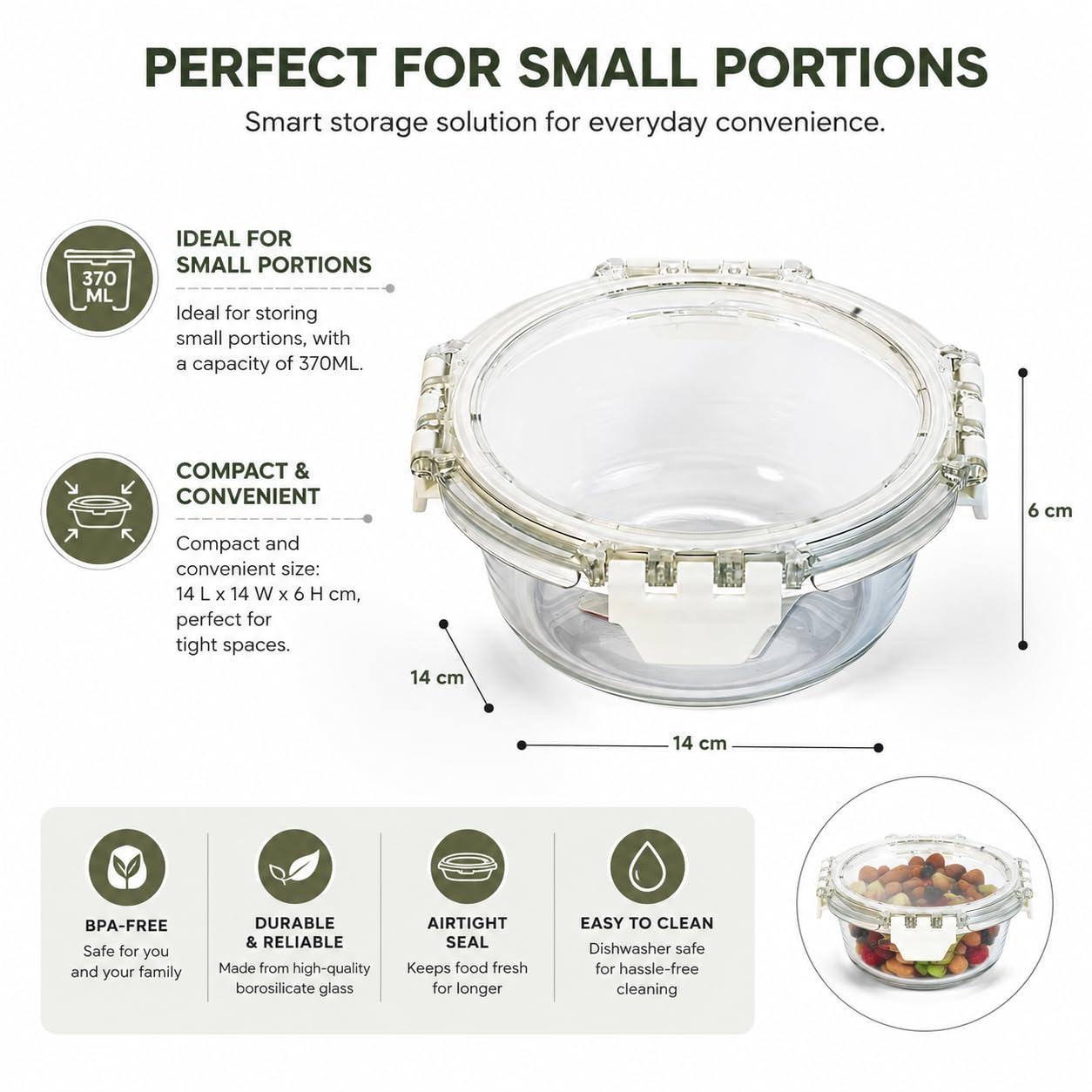 UNIBOX 370ML Round Food Container | Glass + Polyethylene Terephthalate + PP | 14x14x6 cm | Durable & Compact Storage Solution 1
