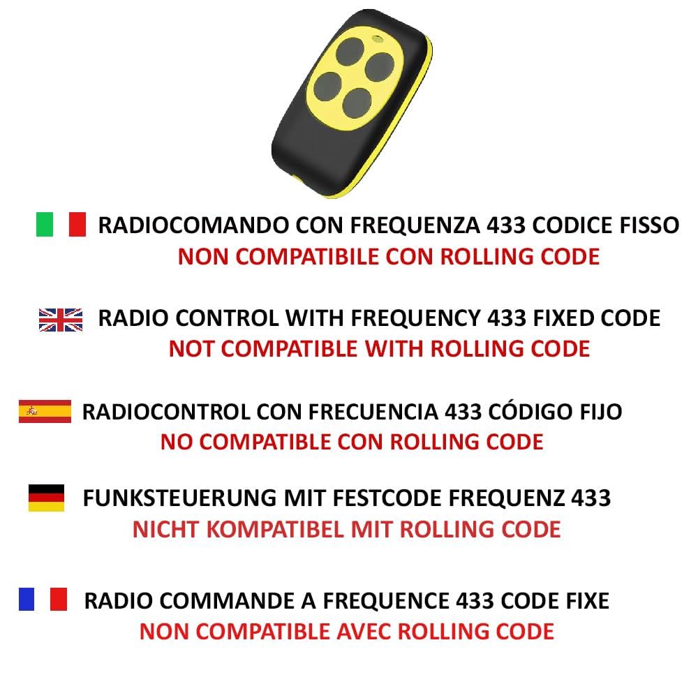 Telecomando Cancello Universale 433 MHz – 2 Pezzi – Autoapprendimento Codice Fisso – Batterie Incluse – Compatibile Solo con CancellI a Codice Fisso