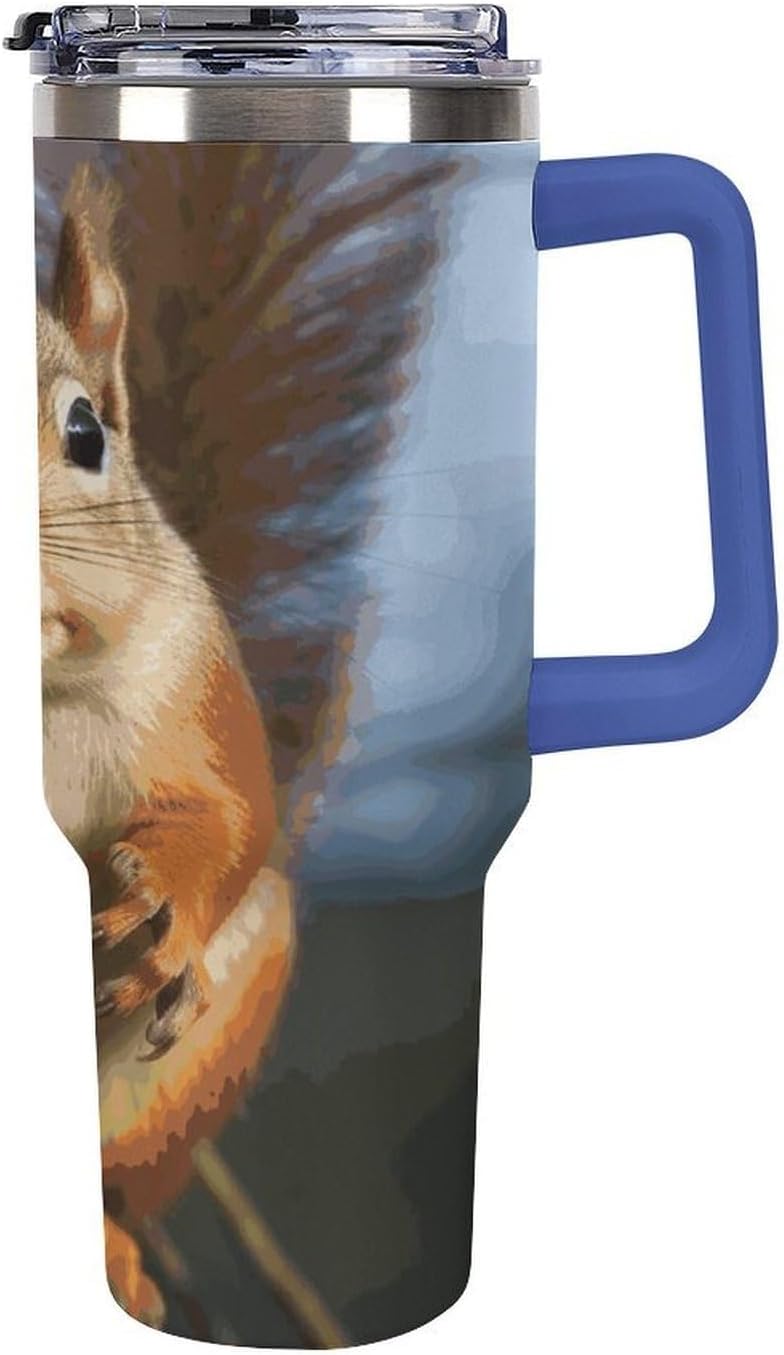 Squirrel Funny Animal Travel Coffee Mug Reusable Durable Stainless Steel Insulated Tumbler with Handle And Straw Leak Resistant Portable Thermal Cup Gifts for Men Women 40 Oz