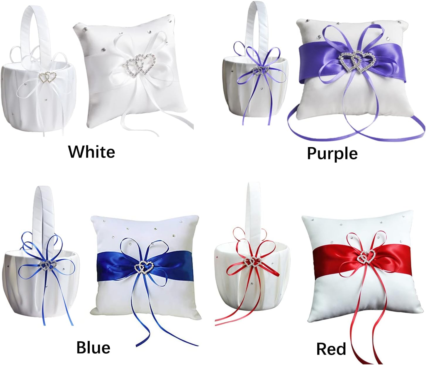 Ring Bearer Pillow, Wedding Flower Girl Basket, Royal Blue Ribbon, Cute Cherish Double Heart Rhinestone Satin Petals Basket Ring Cushion(White)