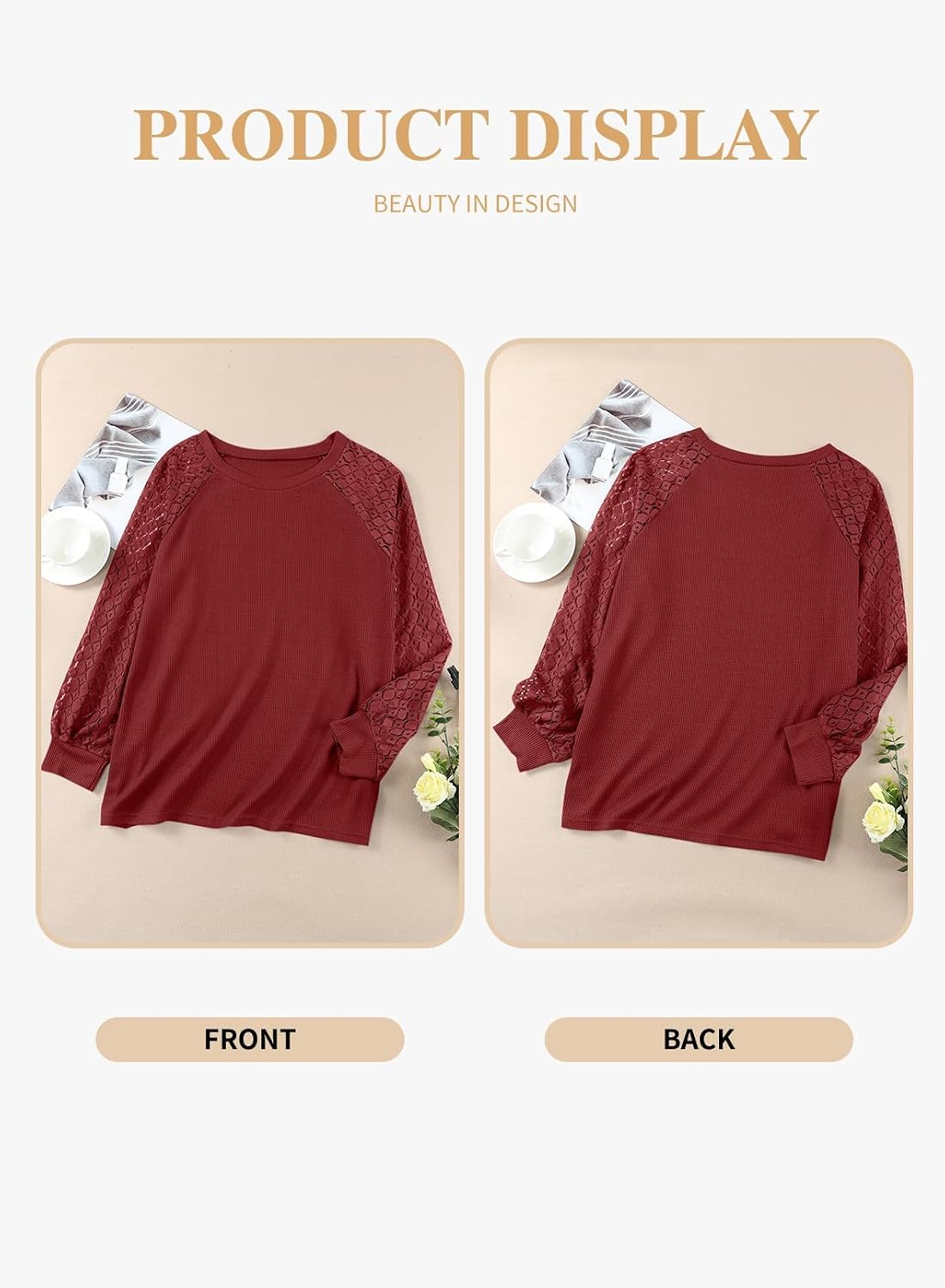 Eytino Plus Size Tops for Women Lace Long Sleeve Crew Neck Waffle Knit Business Work Dressy Shirts(1X-5X)