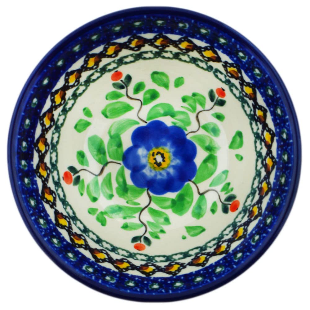 Authentic Polish Pottery Bowl 5-inch Signature UNIKAT in Cobalt Poppies Design Handmade in Boles?awiec Poland by Ceramika Artystyczna + Certificate of Authenticity