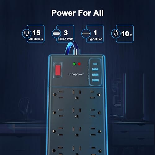 Miniatura 2 de Regleta protectora de sobretensiones de 10 pies, 15 tomas de corriente ampliamente espaciadas y 4 puertos USB (1 puerto USB C), cable de extensión