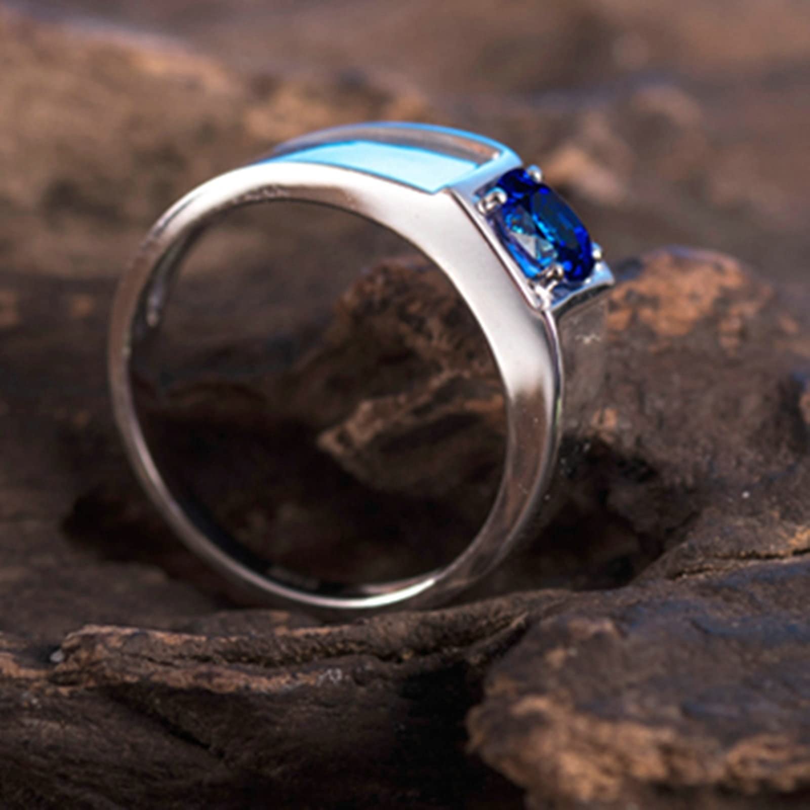 AMDXD Anillo de compromiso de oro blanco 750, 4 garras, anillo solitario ancho con zafiro azul de 0,95 ct, joyería regalo de cumpleaños para hombre