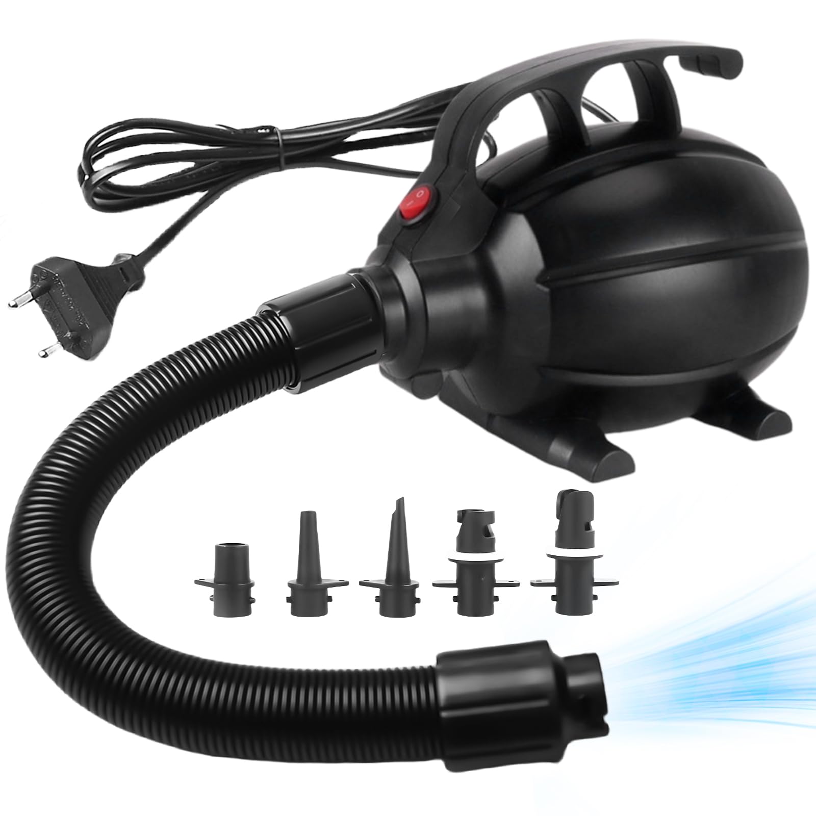 Pompa per materasso ad aria, 17 × 11 × 13 cm, 600 W, pompa elettrica Airtrack, materasso ad aria, pompa ad aria elettrica con 5 ugelli per casa e esterni, colore nero, gonfiaggio rapido in plastica