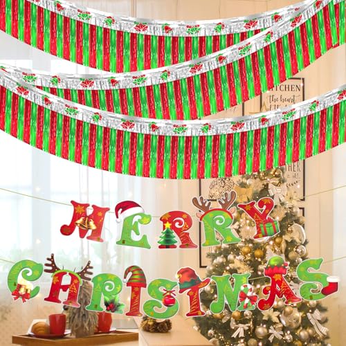 Image of Christmas Decorations 39 ft Foil Fringe Garland Christmas Tinsel Streamers Metallic Hanging Backdrop Banner Table Skirts for Parade Floats Golf Cart Holiday
