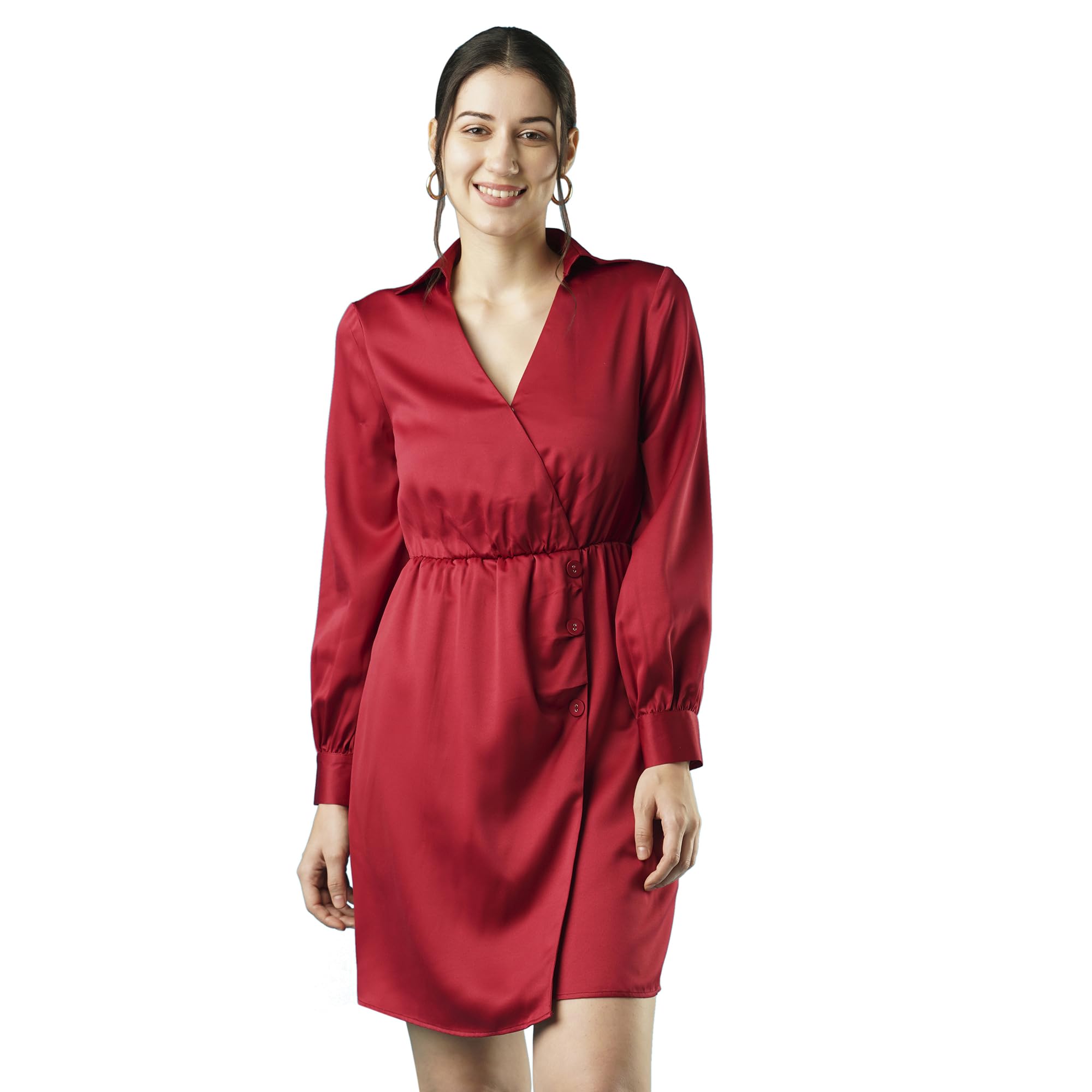 globus Women Shirt Collar with V Cut Cuffed Sleeves Gathered & Button Detail Wrap Party Dress-picture-25