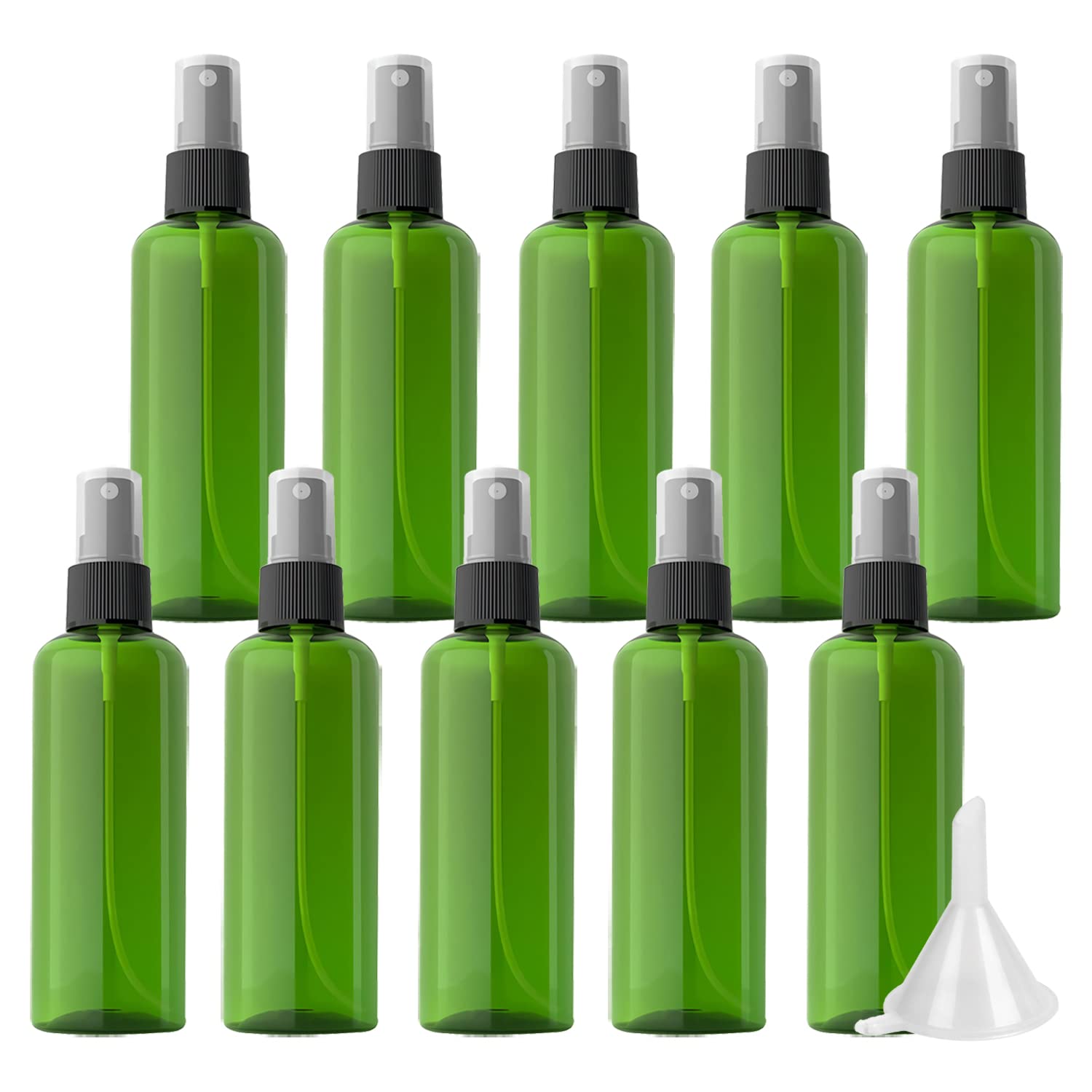 100 Piezas 100ml Verde Recargable Botellas Con Sprayer Negro para Limpieza Fina Botella de Spray Vacías Plástico, para Perfume Viaje Artículos de Agua Cosmético Alcohol + 1 x Embudo