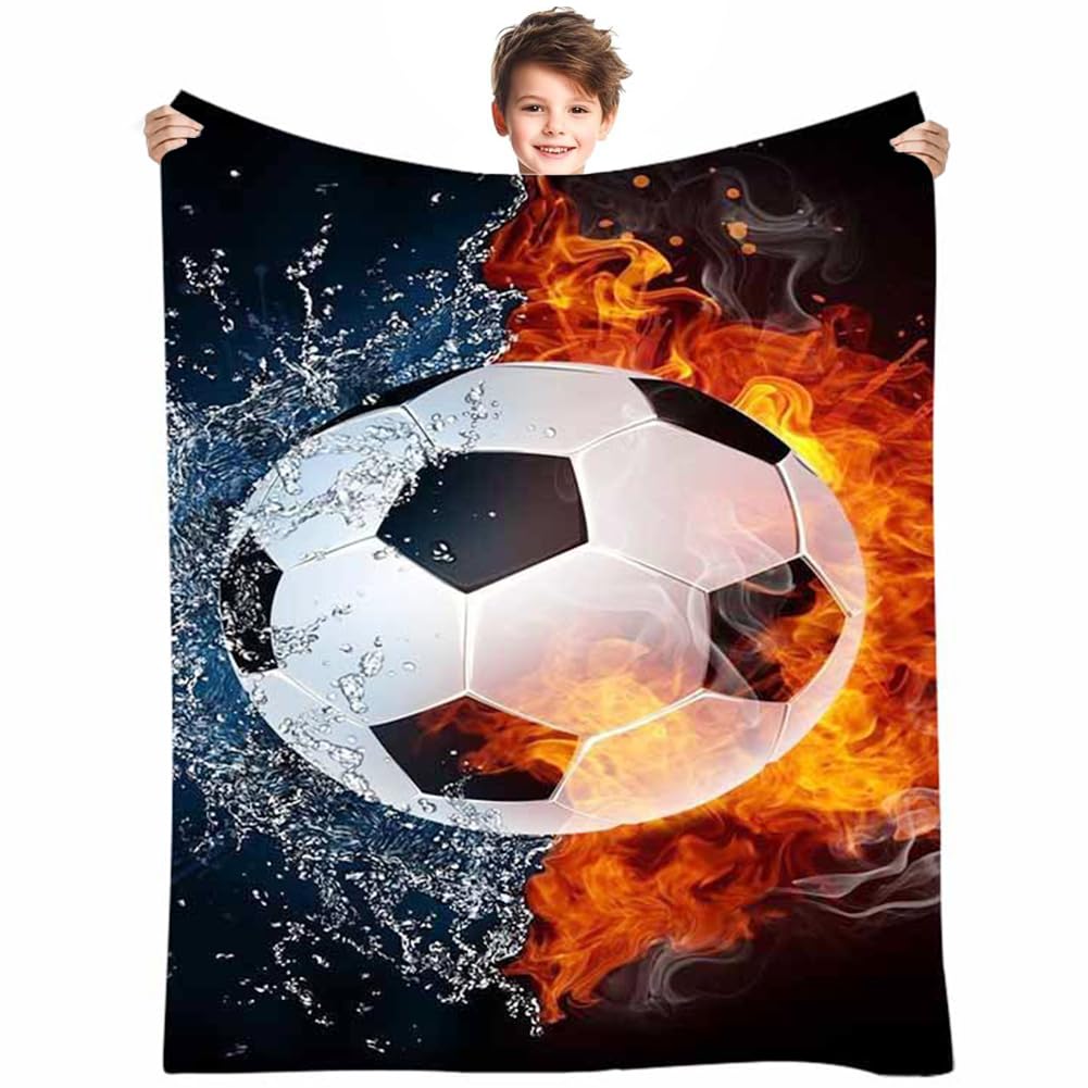 Vexthorion Football Fleece Blanket, Soccer Blanket, Soft Sports Plush Throw for Soccer Fans, Team Color Design, Cozy Stadium Wrap for Games and Gifts 100x150cm Fire Water Style