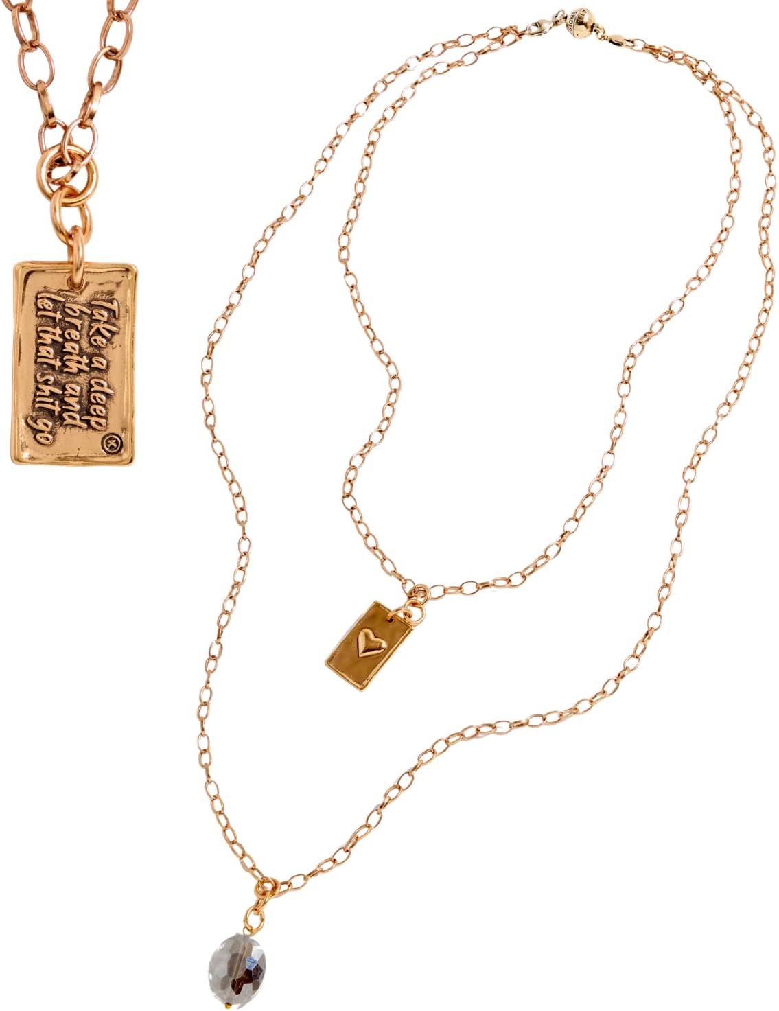 Katia Designs Layered Necklace for Women – Long Brass-Plated or Stainless Steel Chain with Clover or Crystal Pendant & Affirmation Tag – Boho Jewelry – Quick-Connect Clasp, Nickel-Free