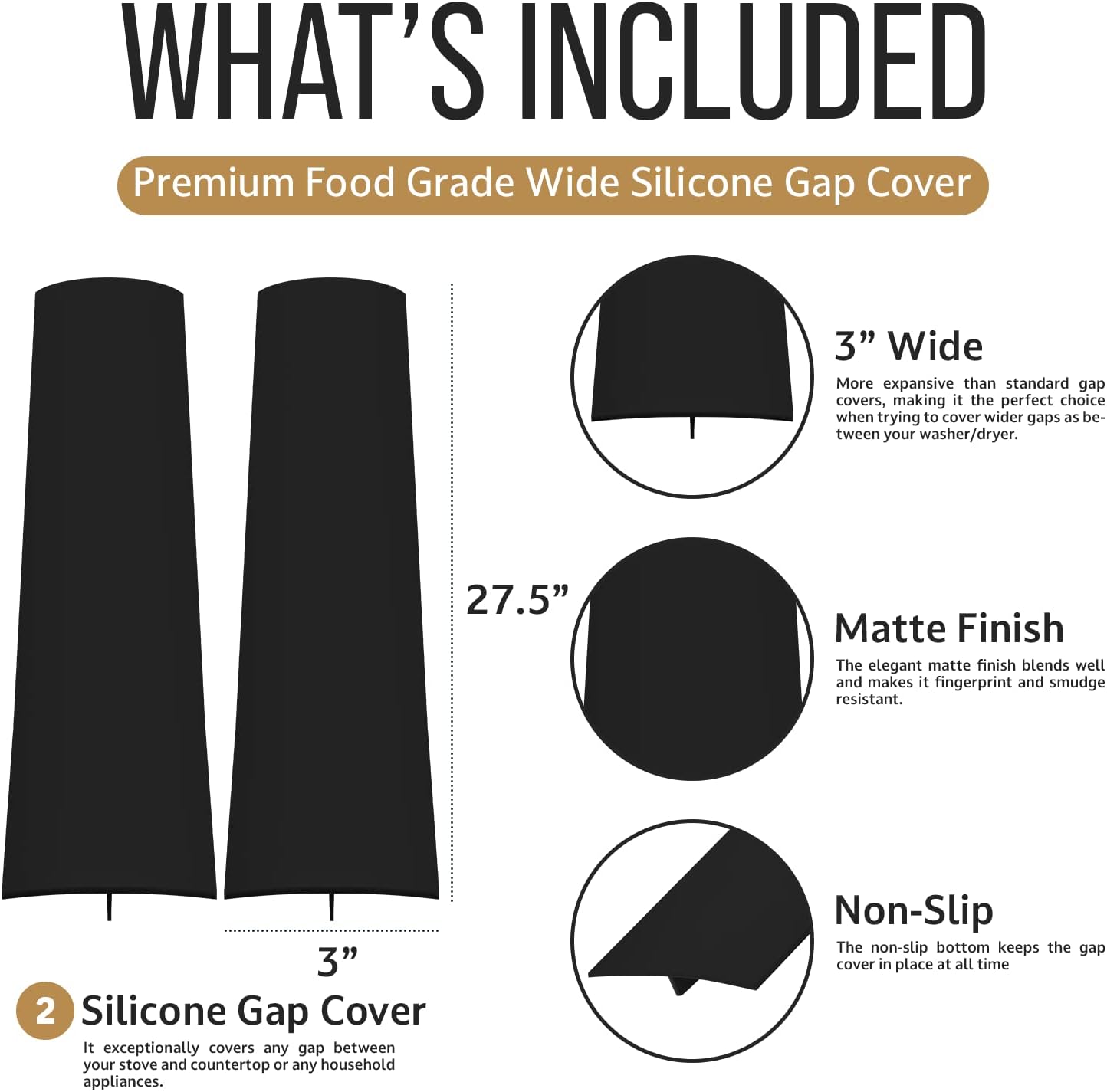 Silicone Stove Gap Cover By Eltow - Extra Long and Extra Wide Gap Filler Between Stove and Counter, Washer and Dryer Space, Oven, and Kitchen Appliances - Cut to Desired Length - Matte Black Finish