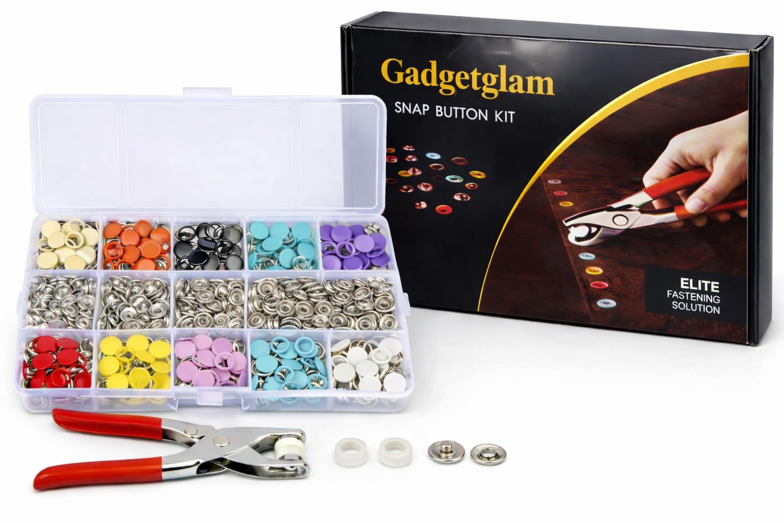 Gadgetglam Premium Snap Buttons Kit – 100 Sets 9.5mm Metal Fasteners in 10 Colors with Hand Pliers Tool, Five-Claw Copper Buckles for Sewing, DIY Crafts, Baby Clothes, Hats, Bibs & Rompers (Multicolor)