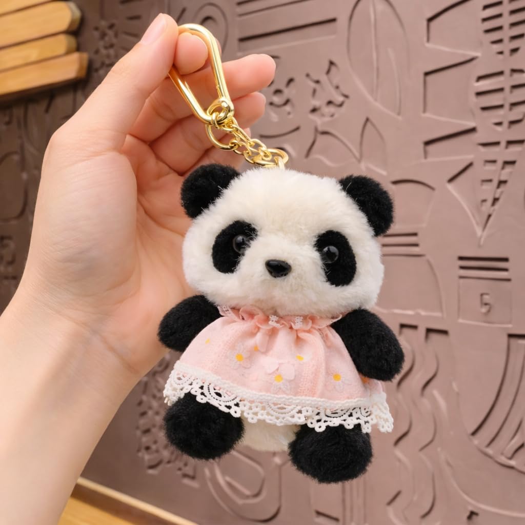 Cute Panda Plush Keychain, Soft Stuffed Toy Bag Charm with Gold-Tone Clip, Lace Dress-image-12