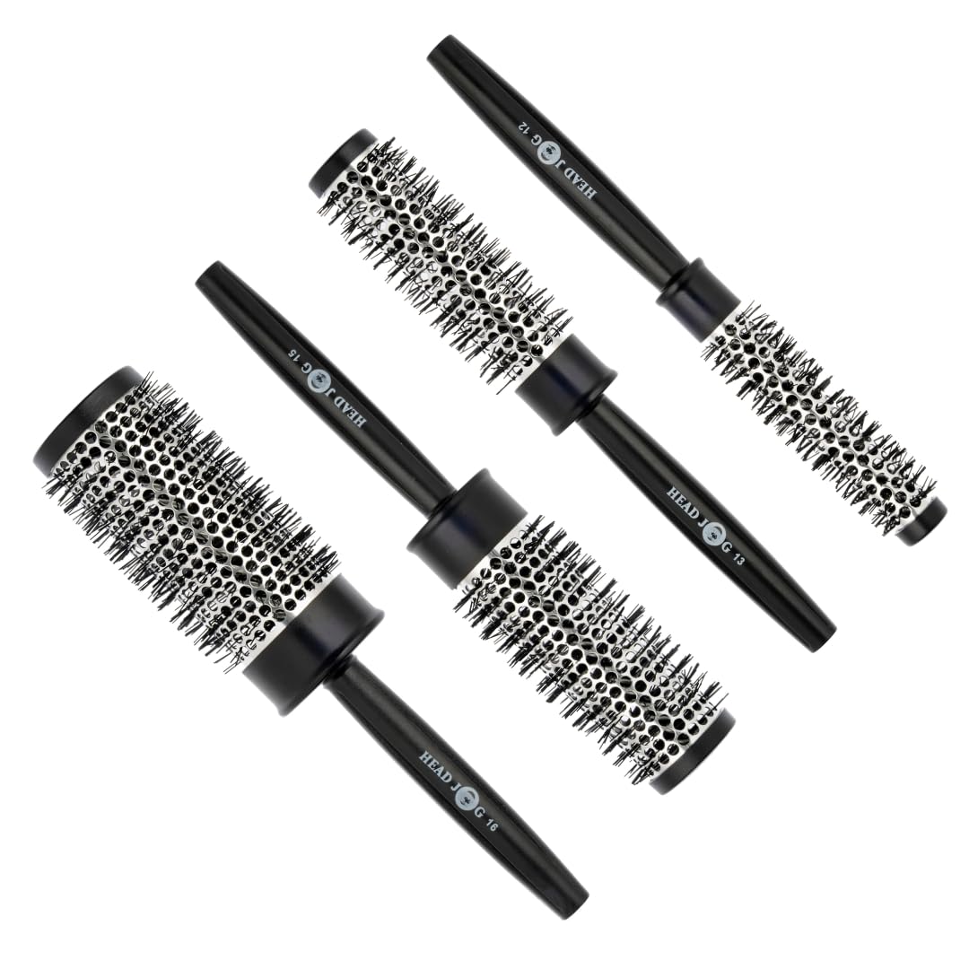 Head Jog Heat Retainer Round Hair Brush Set (4 Pack) Black & Silver
