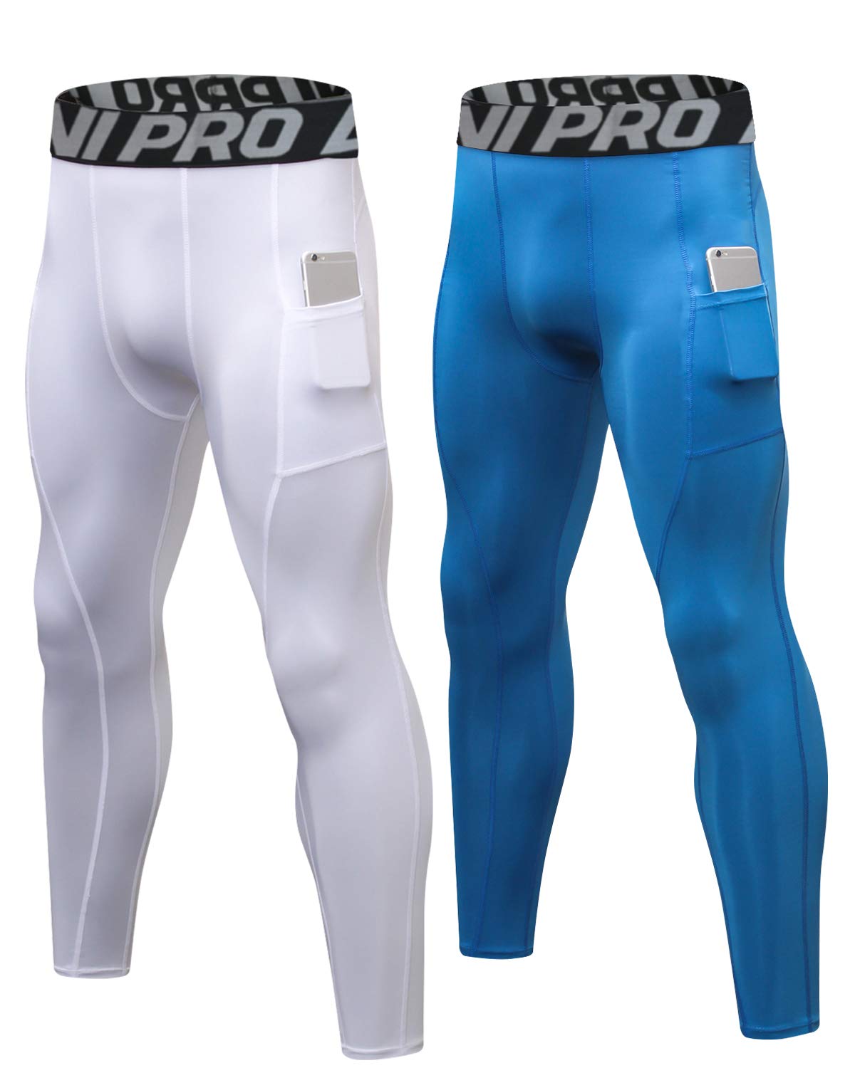 LNJLVI2 Pack Men's Compression Pants Active Base Layer Tights Workout Running Leggings with Phone Pockets