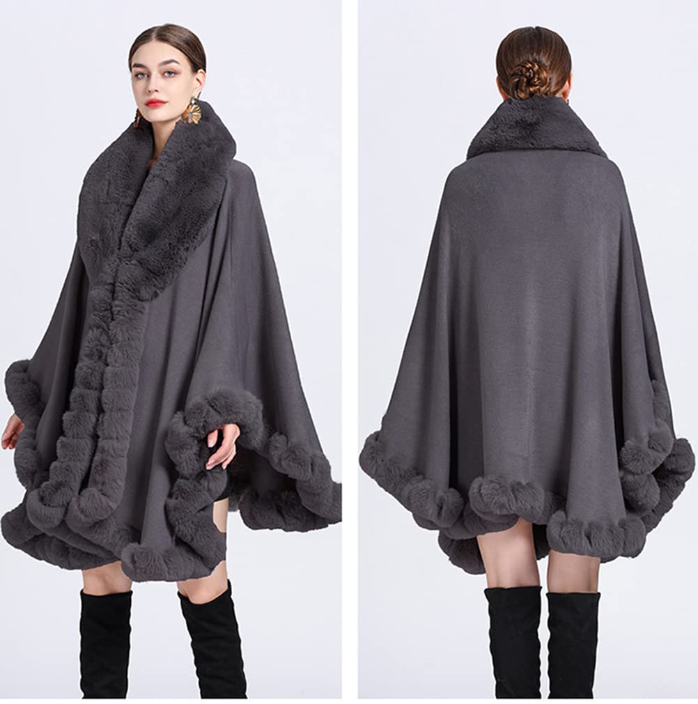 Cape en Fausse Fourrure Manteau de Laine Manches Longue Automne Hiver pour Femme, Manteau d'hiver,Dark Gray