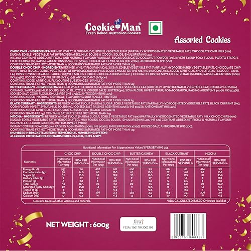 Image of CookieMan Assorted Cookies Gift Tin| Premium Gift Box With Choco Chip, Double Choco Chip, Butter Cashew & Mocha Cookies For Special Occasions & Gifting,600 Gram