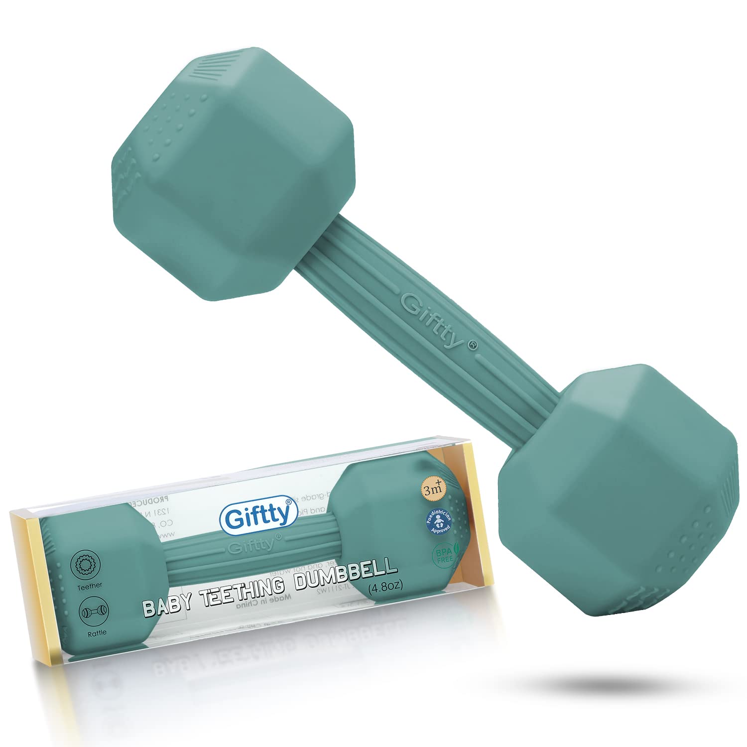 Baby Dumbbell Teether - Silicone Infant Teething Rattle Toddler Sensory Workout Toy - Durable, Safe Exercises Weight - Great Gift for Baby Boys &