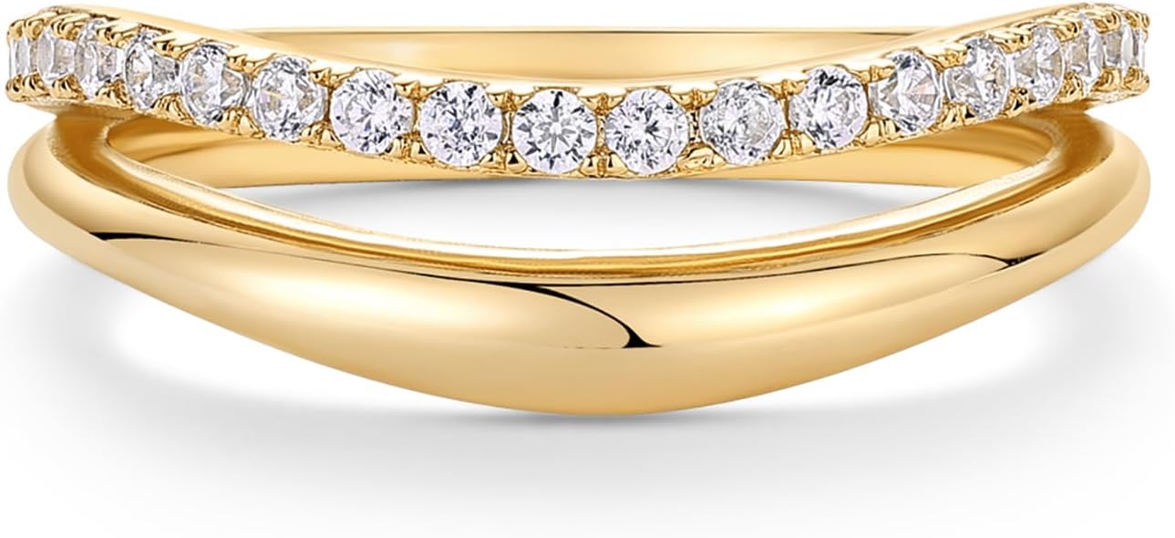 14K Gold Plated Wavy Split Ring - Wave Gold Stackable Rings for Women with Cubic Zirconia - Dainty Wedding Band - Trendy Bridal Fashion Jewelry