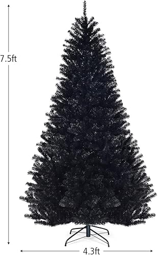 Miniatura 7 de Goplus Árbol de Navidad negro sin luz, de 7.5 pies, árbol de Halloween artificial con 1258 puntas de rama, soporte de metal, árbol completo de