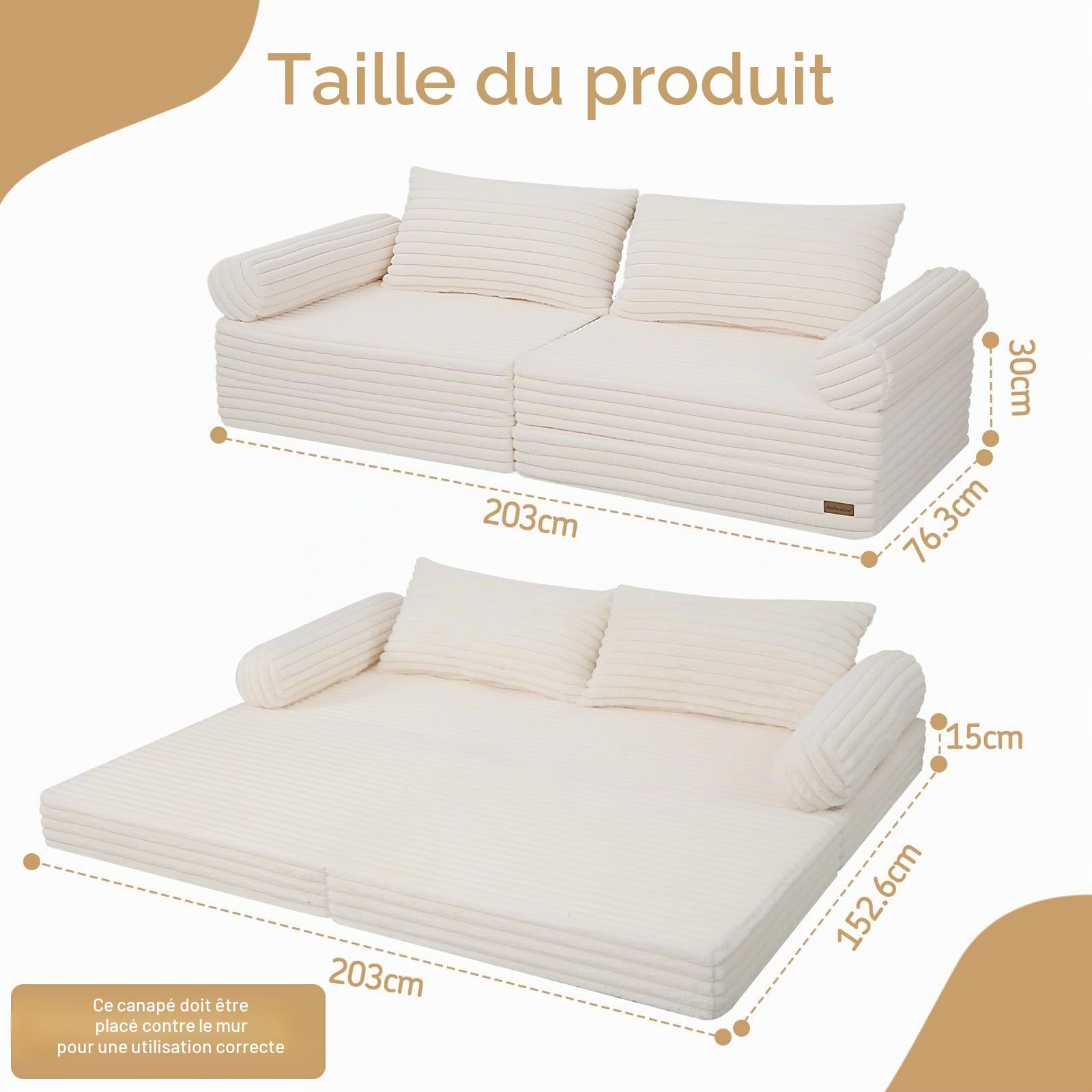 MeMoreCool Canapé-lit futon pliable avec coussin, beige
