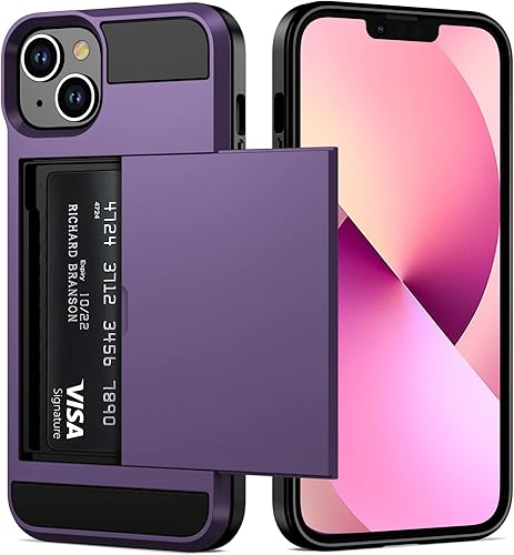 Vofolen Funda para iPhone 13, tarjetero para tarjeta de crédito, ranura para identificación, puerta corrediza, bolsillo oculto, para hombres y