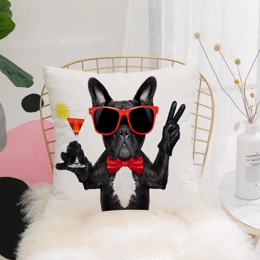 HYOSXW Cushion Cover,Throw Pillow Case Home Decorative for Living Room Bedroom Sofa Chair 16X16 Inch,Funny, French Bulldog with i Cocktail ready for fes,Pillowcase 40X40cm