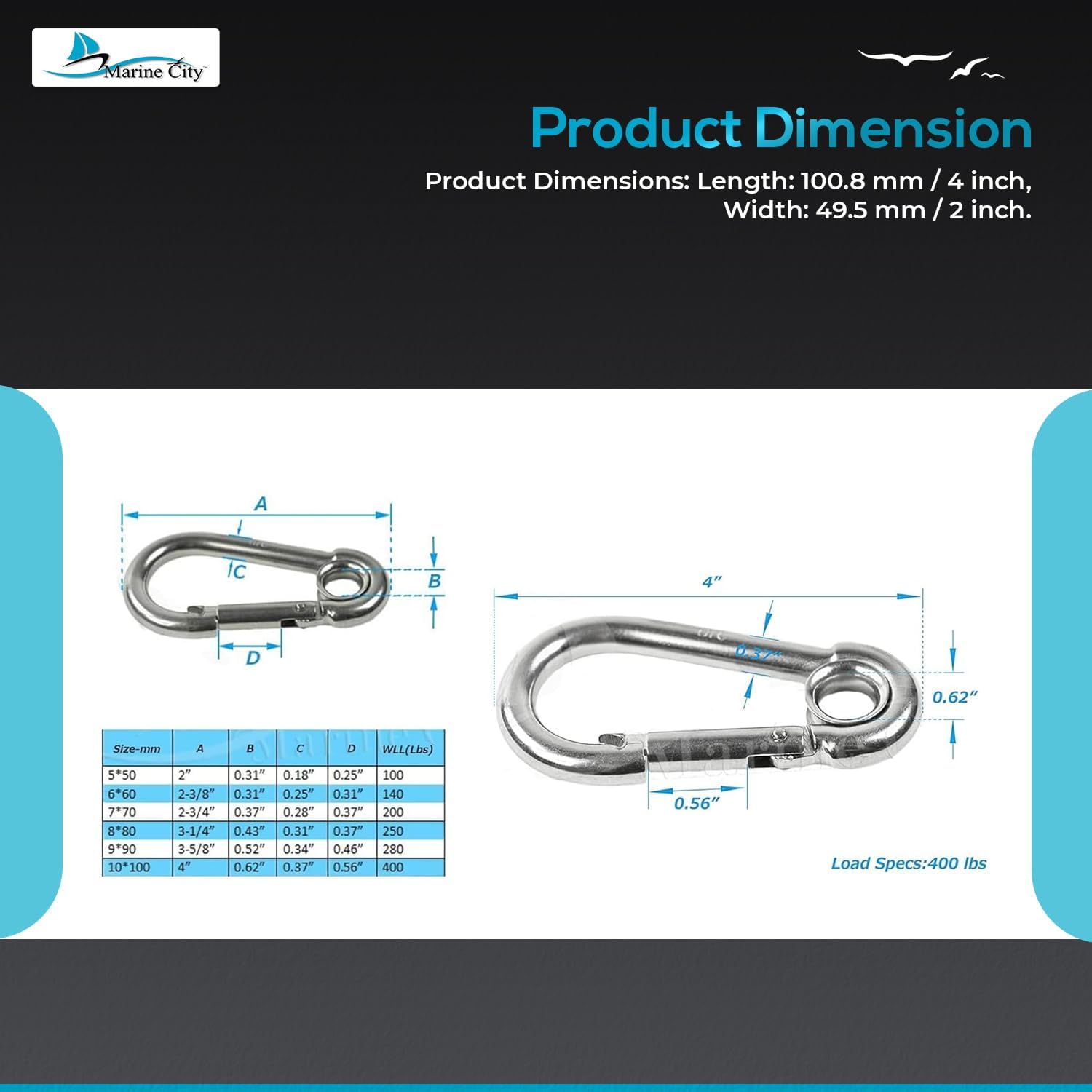 MARINE CITY Carabiner Clip Snap Hook 316 Stainless Steel Clips Ideal for Fishing Boating Sailing & Camping