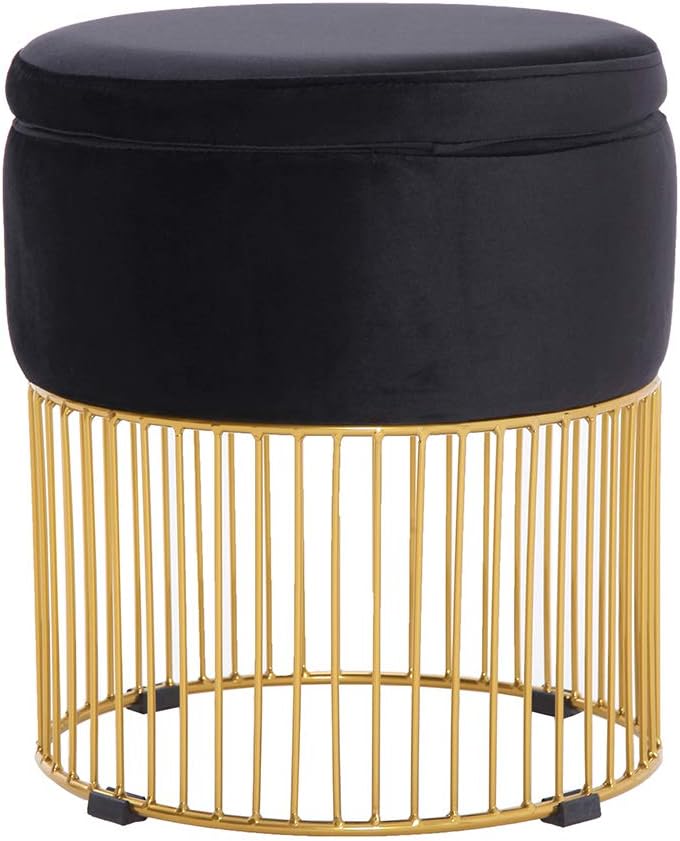 Simhoo Velvet Upholstered Round Vanity Stool/Dressing Makeup Piano Stool with Metal Base-Black,Ottoman with Storage