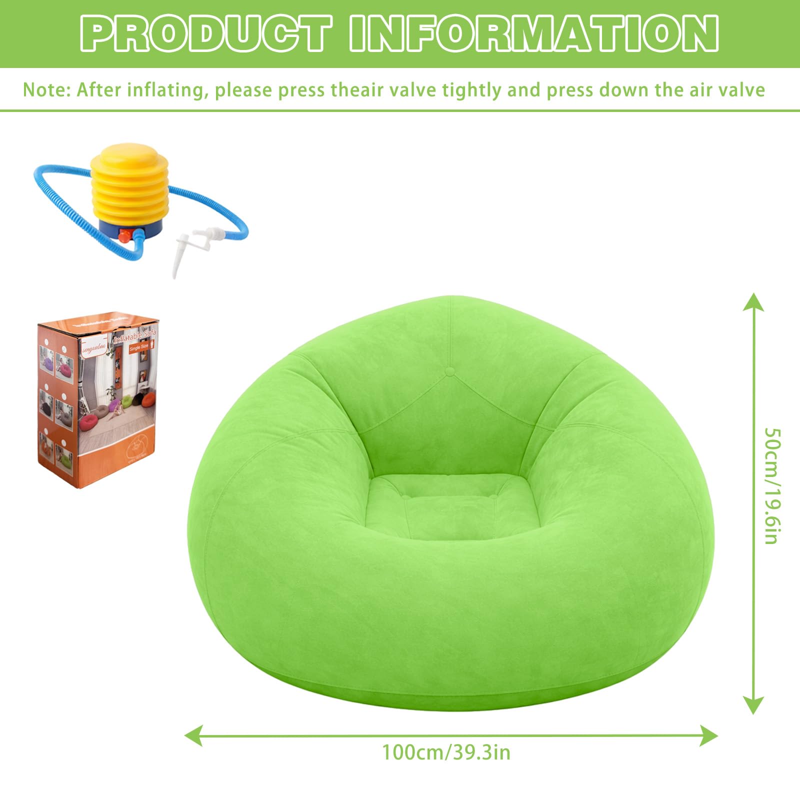 Aufblasbarer Sitzsack - 103x60cm Aufblasbares Sofa, Aufblasbarer Outdoor|Indoor-Sessel, Wohnzimmer Liegestuhl Schlafzimmer Sitzsack Superweich Bean Bag Lounge Sitzhocker Relax-Sessel, Grün