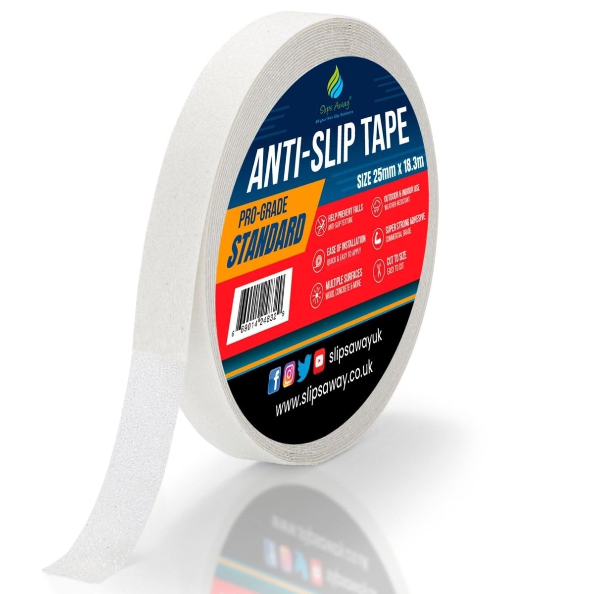 SlipsAway Anti-Slip Tape Roll - Strong Adhesive Grip Tape for Stairs Tread, Ramp & Deck - 25mm x 18.3m Waterproof Non-Skid Tape for Indoor/Outdoor Use - Made in the UK - Transparent