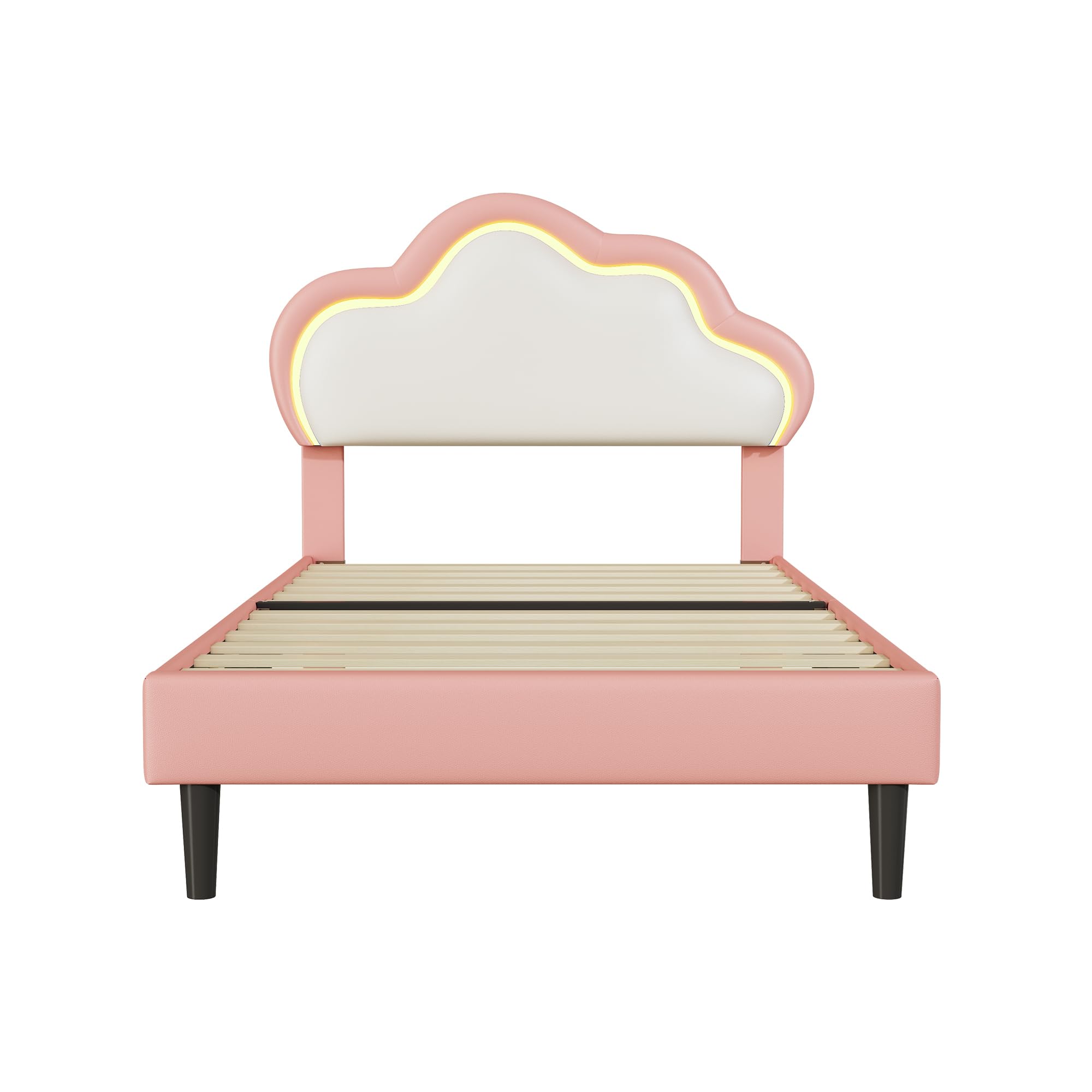 Lit simple 90 x 200 cm, Lit Enfant Fille avec LED, Lit Rembourré avec Tête de Lits Réglable en Hauteur en Forme de Nuage, Lits 1 Place pour Fille et Adolescent, PU, Sans Matelas (Rose + Blanc)