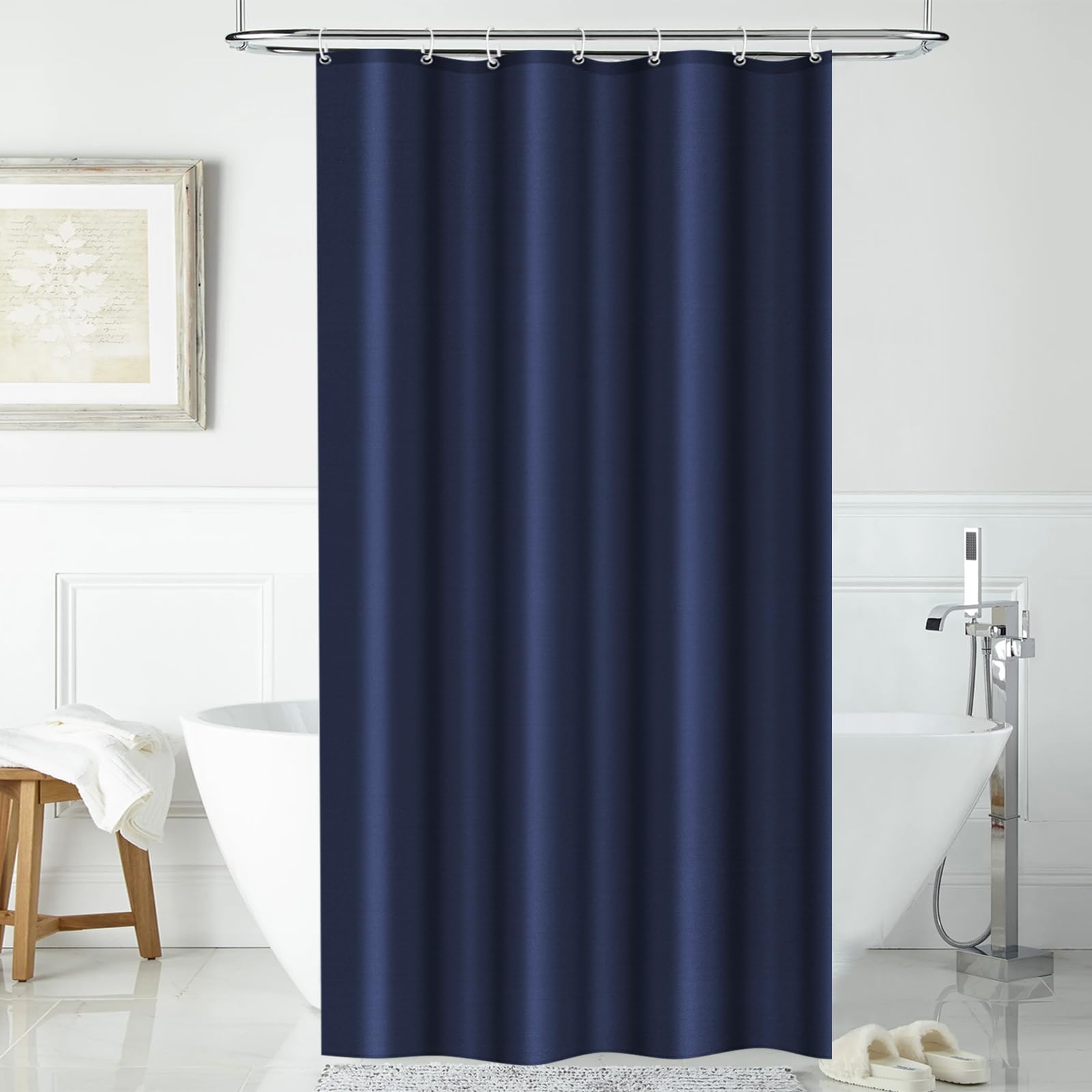 LUKDUNG 100 x 200 cm Polyester Textile Shower Curtain Anti-Mould for Bathroom, Curtain for Bathtub Shower Made of Fabric Waterproof Washable Shower Curtain with 7 Hooks Navy Blue — image 1