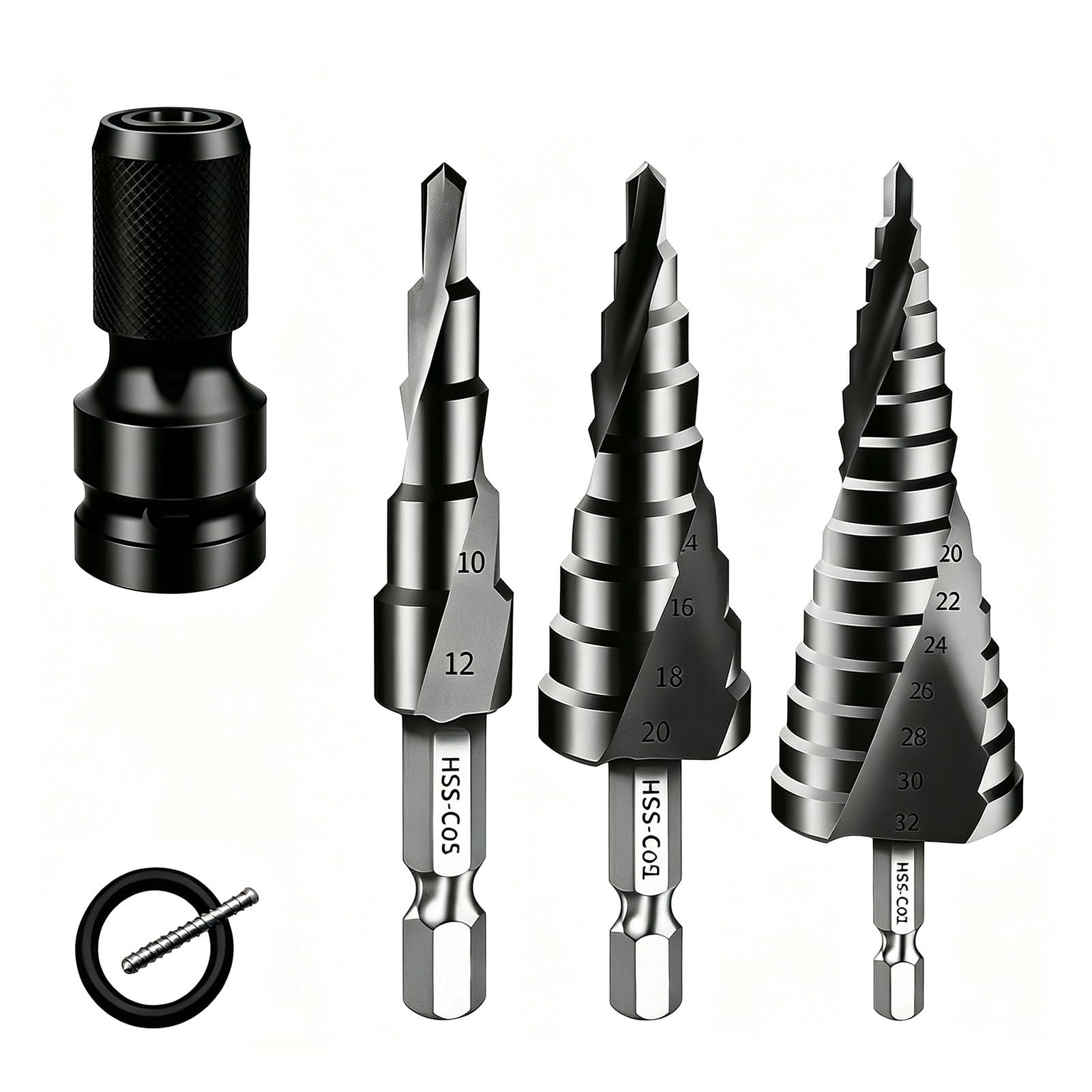 Juego de brocas escalonadas de cobalto M35 de 3 piezas, cortador de cono | Adaptador de vástago hexagonal de flauta en espiral para madera, brocas de cobalto de acero de alta velocidad