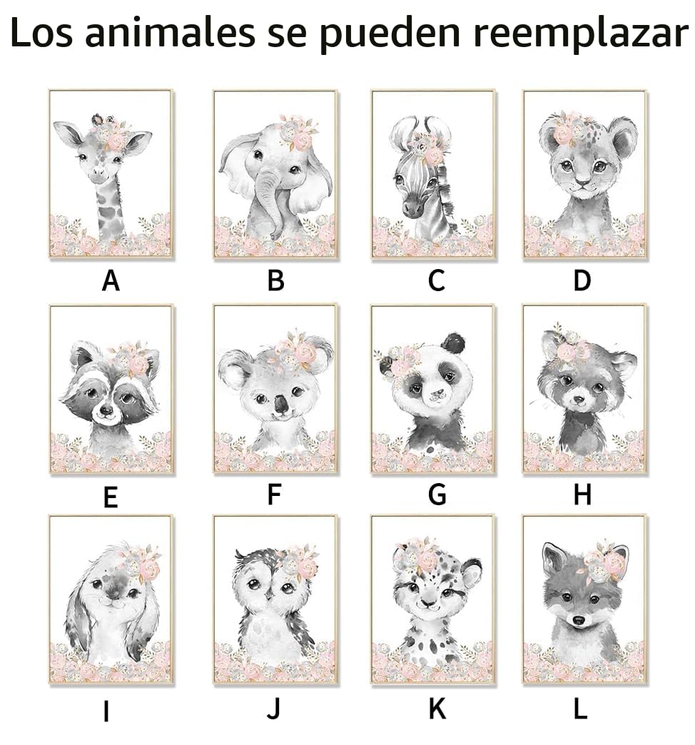 Youihom 3 Poster Nombre Personalizado Bebe Laminas Rosa y Gris Safari Elefante León Cuadro Habitacion Dormitorio Niña Niños Decoración Pared Lienzo Infantil Regalo 30x40 cm sin Marco
