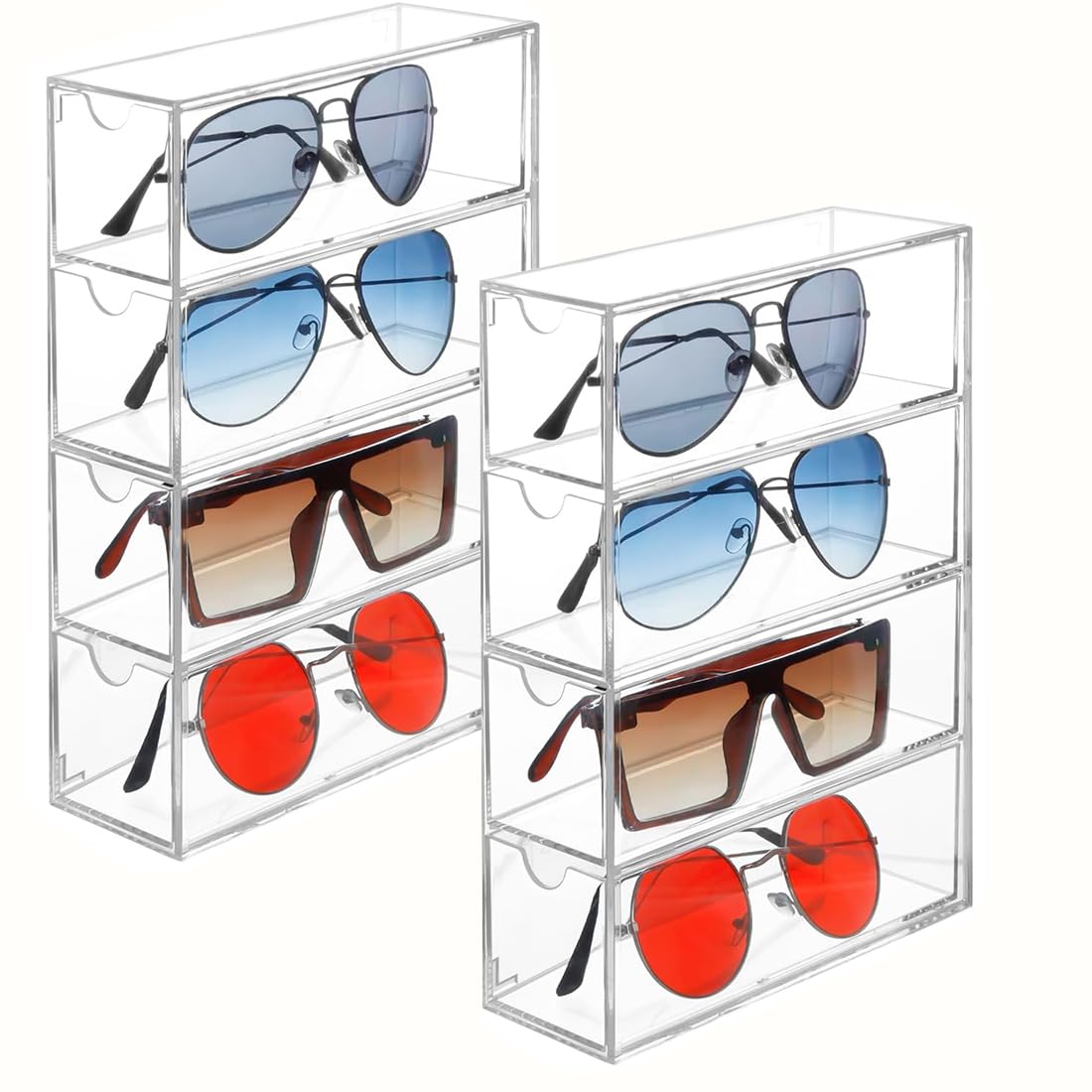 3 organizer per occhiali da sole in acrilico, per occhiali da sole, custodia trasparente con cassetti, impilabile, contenitore per occhiali, organizer per occhiali da donna e uomo